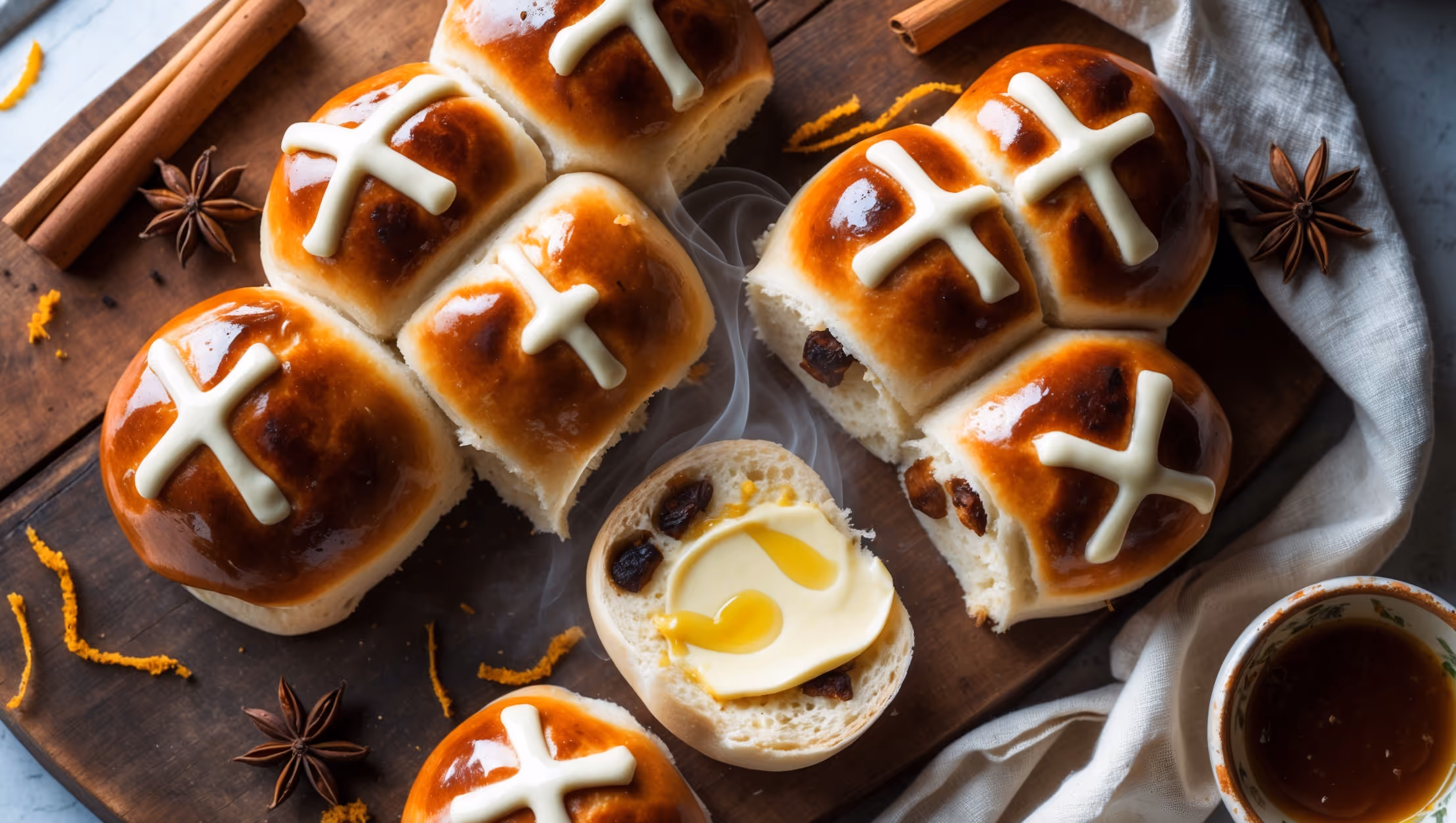 An overhead shot of golden-brown vegan hot cross buns arranged on a rustic wooden board, their glossy tops marked with perfect white crosses catching the warm natural light streaming through a kitchen window. A cross-section view reveals a pillowy, tender crumb speckled with plump sultanas and mixed peel, while steam gently rises from a freshly split bun slathered with melting vegan butter. Scattered cinnamon sticks, star anise, and orange zest decorate the scene, with a vintage ceramic bowl of the sticky glaze and a linen napkin adding homely charm to this Easter classic.