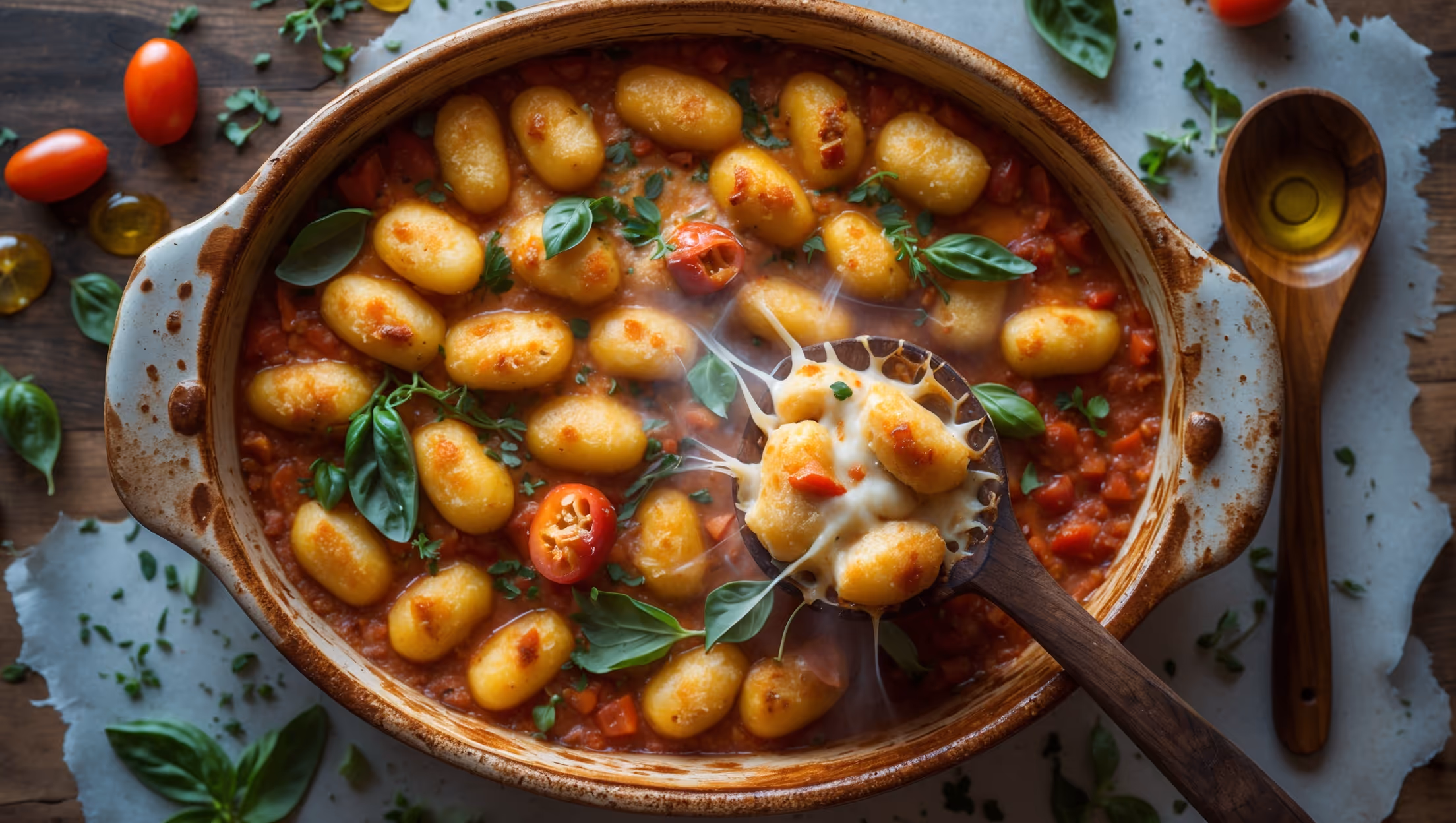 An overhead shot of a rustic ceramic baking dish filled with golden-brown gnocchi bake, showcasing bits of caramelized vegan cheese forming a textured crust across the top. Steam gently rises from a freshly scooped portion revealing the rich tomato sauce beneath, punctuated by flecks of green basil and red chili. The dish is photographed in warm natural light on a distressed wooden table, surrounded by scattered fresh herbs, halved cherry tomatoes, and a drizzle of olive oil catching the light. A wooden serving spoon rests alongside, holding a perfect scoop that stretches with melty vegan cheese, emphasizing the comforting, hearty nature of this winter bake.