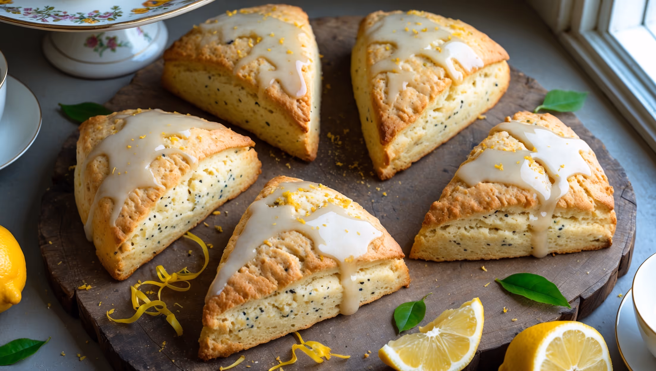 An overhead shot of golden-brown triangular scones arranged on a rustic wooden board, their crackled tops glistening with a translucent lemon glaze that drips enticingly down the sides. A cross-section view reveals a light, flaky interior dotted with tiny blue-black poppyseeds throughout. Scattered lemon zest and additional poppyseeds create visual interest around the composition, while a halved lemon and fresh lemon leaves add vibrant color contrast. Soft natural light streams from a side window, highlighting the subtle sugar crystals on the scones' edges and the moist, tender crumb within. A vintage cake stand in the background holds additional scones, with a small pot of tea and white ceramic mugs suggesting a perfect afternoon tea pairing.