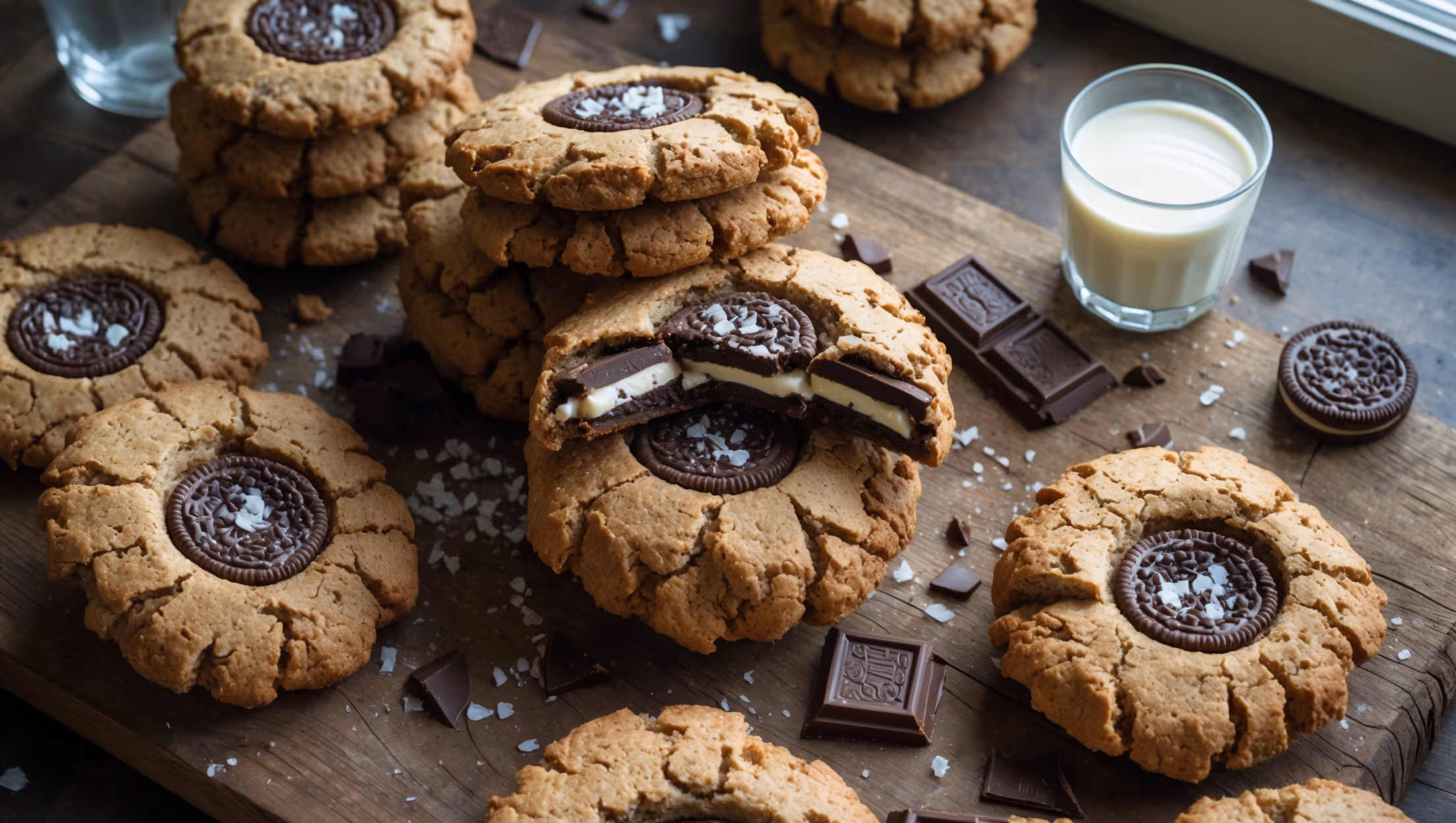 An overhead shot of massive, craggly vegan Levain-style cookies scattered across a rustic wooden board, their golden-brown edges contrasting with melty chocolate pockets visible throughout. A cross-section view reveals the perfectly underbaked centers, showcasing chunks of dark chocolate and fragments of cream-filled sandwich cookies. Natural window light casts gentle shadows highlighting the cookies' boulder-like texture and uneven surfaces. Several cookies are stacked haphazardly, emphasizing their impressive thickness, while a glass of plant milk sits nearby. A light dusting of flaky sea salt catches the light, and crumbs of chocolate and cookie pieces are artfully scattered around the arrangement.
