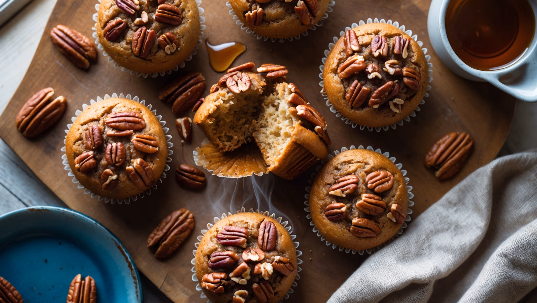 An overhead shot of golden-brown vegan maple pecan muffins arranged on a rustic wooden board, with one broken open to reveal a moist, tender crumb speckled with toasted pecan pieces. Soft natural light streams in from a nearby window, highlighting the glistening maple-pecan topping that crowns each muffin with caramelized clusters of chopped nuts. Several whole pecans and a small jug of pure maple syrup are artfully scattered around the muffins, while a linen napkin adds texture to the corner of the frame. The warm amber tones of the baked goods contrast beautifully against the cool blue ceramic plate beneath one featured muffin, with visible steam suggesting they're freshly baked.