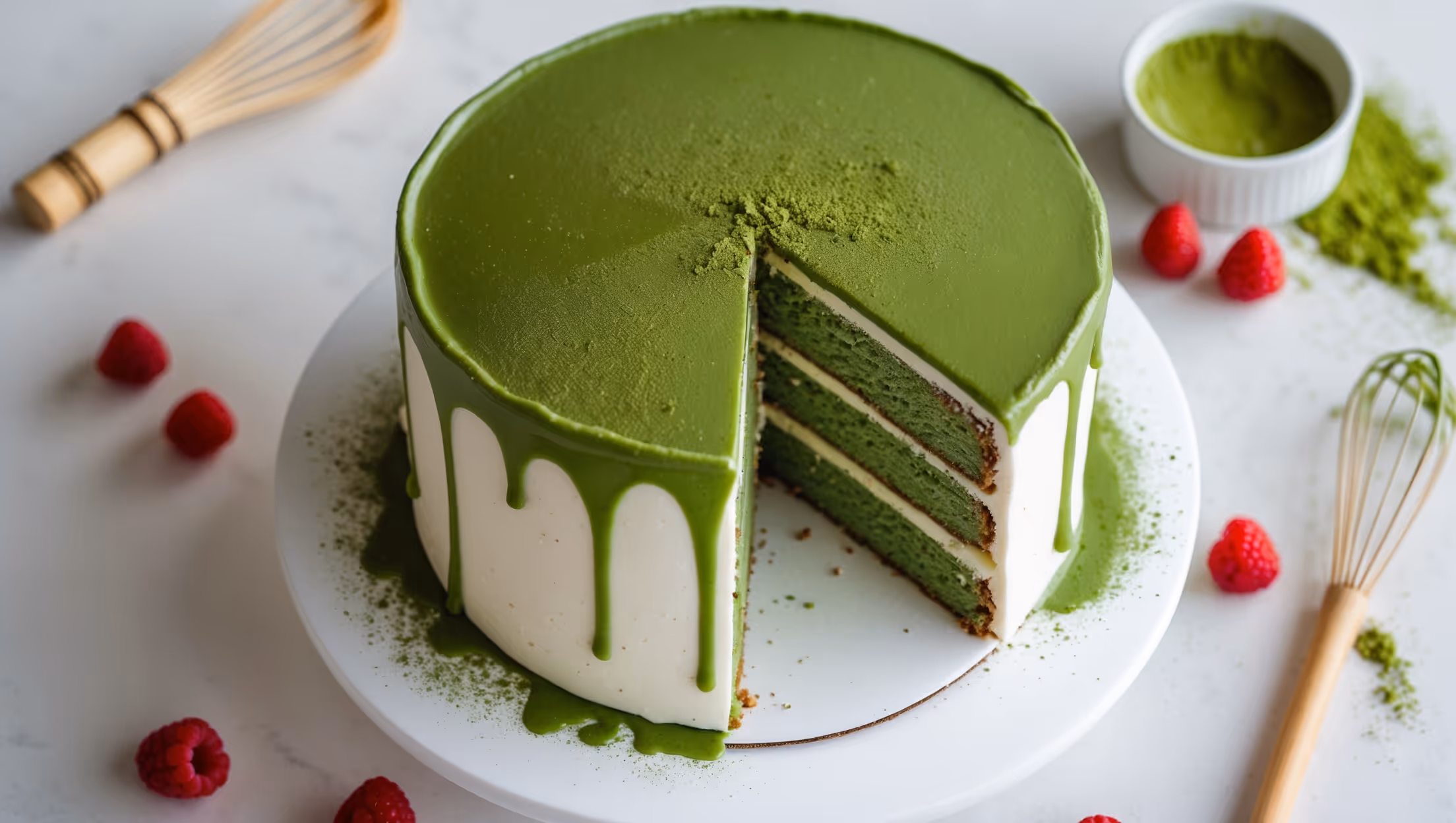 An overhead shot of a perfectly sliced vegan matcha cake, revealing three distinct layers of vibrant jade-green sponge separated by smooth white vegan buttercream. The cake is topped with a glossy matcha glaze that elegantly drips down the sides. Photographed in soft natural light on a minimalist white cake stand, with fresh raspberries scattered artfully around the base. A light dusting of matcha powder creates a beautiful contrast against the white plate, while a small bamboo whisk and loose matcha powder rest in the background, hinting at the authentic tea flavor. The cake's moist, tender crumb is visible in the cut slice, showcasing the perfect texture achieved through plant-based ingredients.
