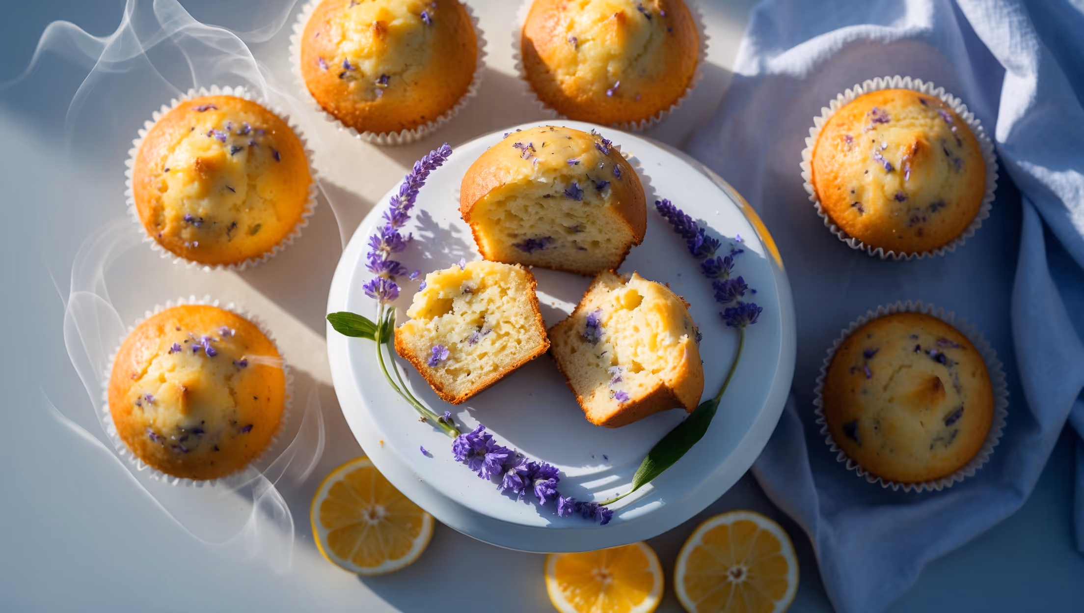 An overhead shot of golden-domed vegan lemon lavender muffins arranged on a white ceramic cake stand against a pale blue linen. Morning sunlight streams across the scene, highlighting the sparkle of sugar crystals atop each muffin and the tiny purple flecks of lavender visible throughout the crumb. A cross-section of one muffin reveals its tender, moist interior studded with lemon zest, while a sprig of fresh lavender and halved lemons are artfully scattered around the base. A delicate wisp of steam rises from a freshly broken muffin, suggesting they've just emerged from the oven, their fragrant citrus-floral aroma almost palpable.