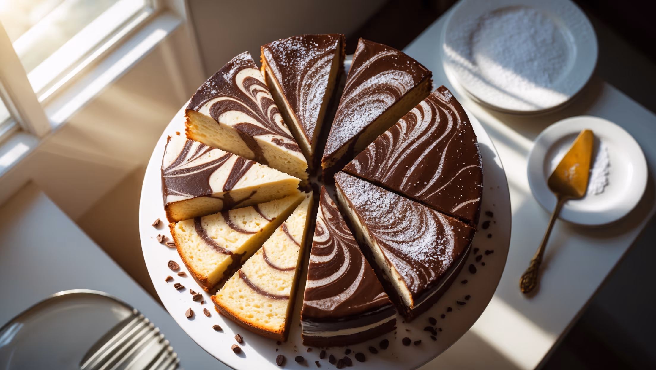 An overhead shot of a perfectly sliced vegan marble cake, revealing mesmerizing chocolate and vanilla swirls against a moist crumb texture. The cake sits on a minimalist white cake stand, with sunlight streaming through nearby windows creating a warm glow that highlights the cake's glossy ganache topping. A cross-section view showcases the intricate marbling pattern within, while scattered cacao nibs and a light dusting of powdered sugar add textural contrast. A vintage cake server rests nearby, with a perfectly plated slice revealing the cake's pillowy interior on a small ceramic plate.