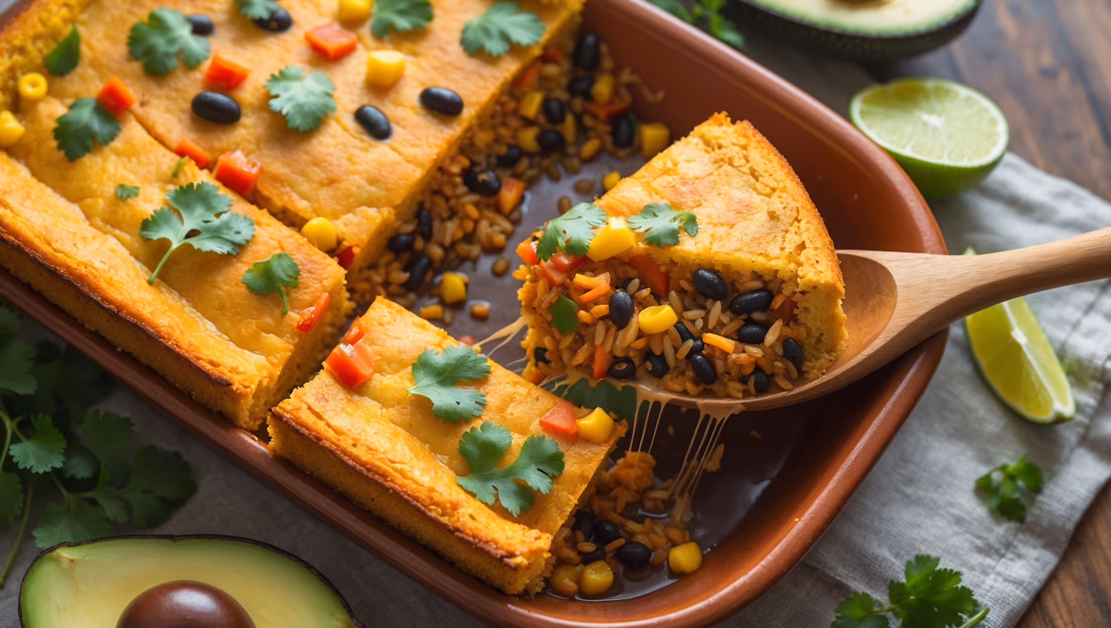 An overhead shot of the Vegan Mexican Rice Casserole showcasing the golden cornbread top with a slice removed, revealing layers of vibrant Mexican rice studded with colorful bell peppers, black beans, and corn kernels. Soft natural light highlights the crisp edges of the cornbread and the steam rising from the just-served portion. The casserole sits on a rustic terracotta dish surrounded by garnishes of fresh cilantro, lime wedges, and sliced avocado. A wooden serving spoon dips into the casserole, lifting a portion that stretches with melted plant-based cheese, revealing the moist, flavorful interior with its warm spices and varied textures.