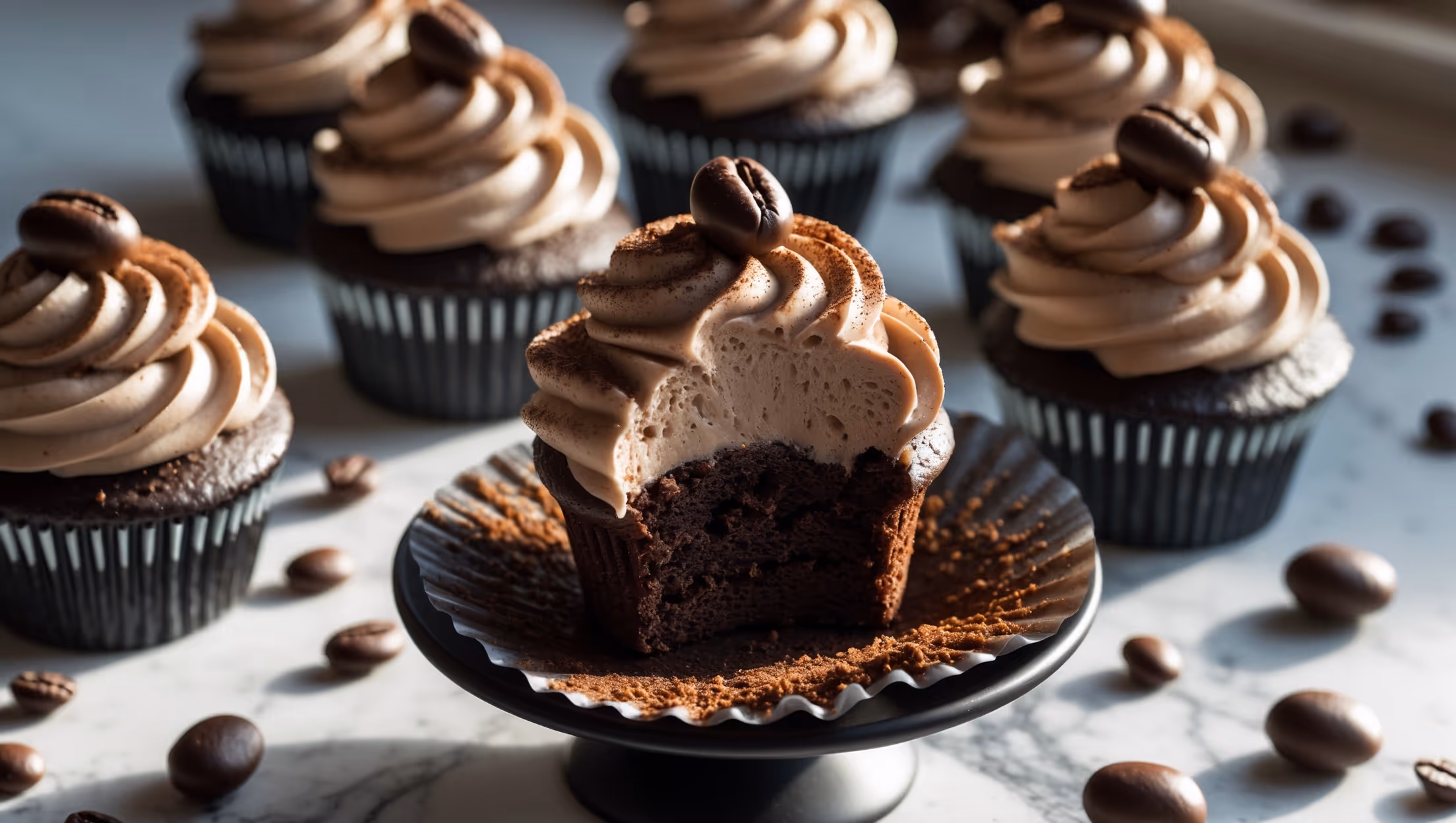 Overhead shot of perfectly domed vegan mocha cupcakes arranged on a matte black ceramic cake stand, with one cupcake placed in front showing its cross-section revealing a moist, dark chocolate crumb. The cupcakes are topped with swirls of silky coffee-chocolate frosting dusted with cocoa powder and garnished with chocolate-covered espresso beans. Scattered coffee beans and chunks of dark chocolate create visual texture around the display. Golden afternoon light casts gentle shadows, accentuating the glossy frosting and rich brown tones while a marble surface beneath adds elegant contrast to these sophisticated, plant-based treats.
