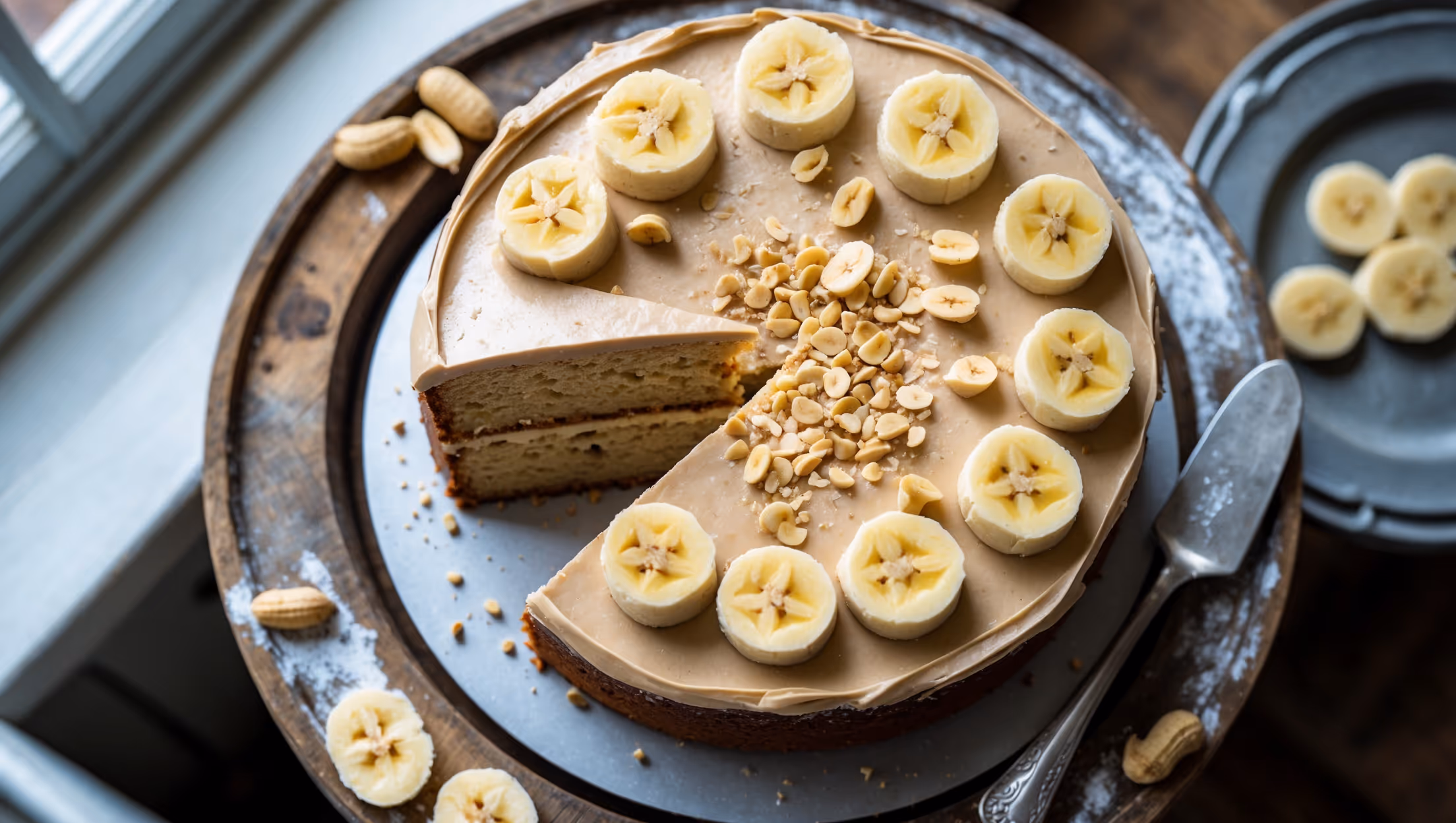 An overhead shot of a rustic two-layer vegan peanut butter banana cake on a weathered wooden cake stand, captured in gentle natural light streaming through a kitchen window. The cross-section reveals a moist, tender crumb studded with tiny flecks of banana. The cake is frosted with a creamy beige peanut butter frosting applied in casual swirls, topped with banana chips arranged in a circular pattern and a light dusting of chopped peanuts that creates textural contrast. A slice has been removed, showcasing the perfect layers, while a vintage cake server rests nearby on the wooden surface scattered with a few whole peanuts and banana slices, emphasizing the cake's key ingredients.