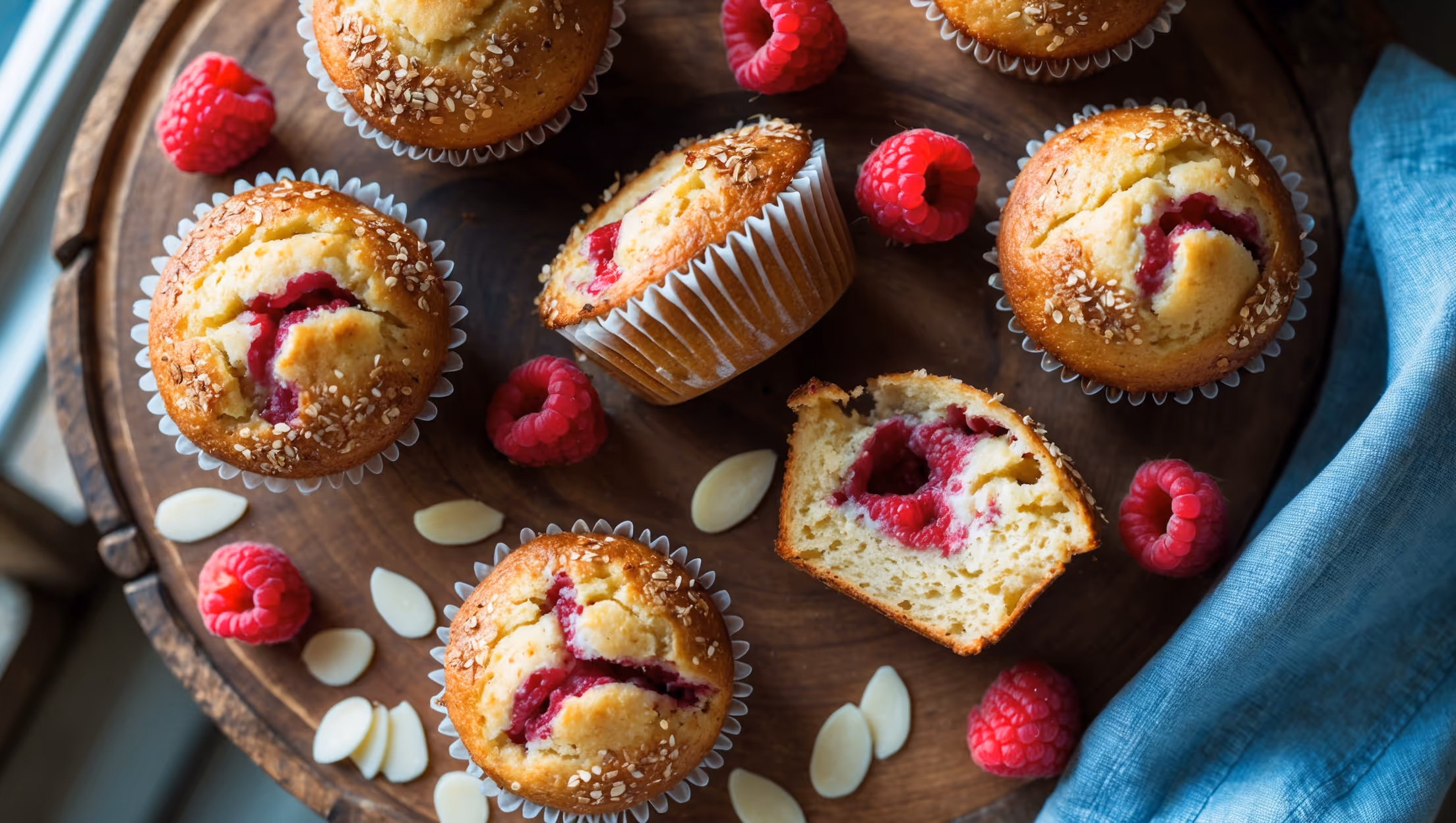An overhead shot of golden-brown vegan raspberry muffins arranged on a rustic wooden serving board, with one muffin broken open to reveal a moist crumb studded with vibrant red raspberry pockets. Soft natural light streams in from a nearby window, highlighting the sparkle of turbinado sugar on the domed tops and the subtle cracks in the crust. Fresh raspberries and slivered almonds are scattered artfully around the composition, while a vintage blue linen napkin adds a contrasting color note. The cross-section shows the perfect rise and airy texture achieved without eggs, with visible swirls of raspberry that bleed slightly into the pale golden batter.