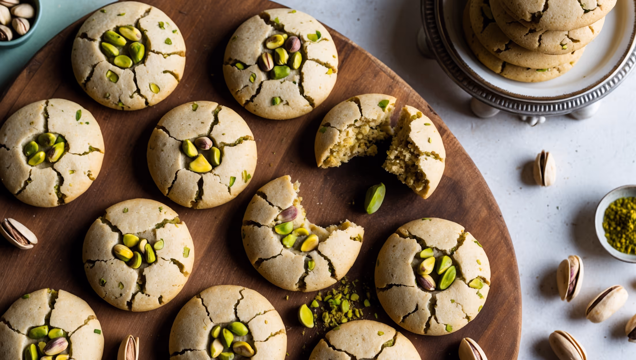 An overhead shot of perfectly round vegan pistachio cookies arranged on a rustic wooden board, their surface crackled to reveal pockets of vibrant green pistachios. A soft natural light creates gentle shadows that highlight the cookies' slightly crisp edges and tender centers. In the background, a scattered handful of raw pistachios and a small dish of ground cardamom add context and color. A cross-section view of one broken cookie reveals its perfectly chewy interior studded with nutty chunks. A vintage cake stand in the corner holds a small stack of cookies, suggesting their giftable, shareable appeal.