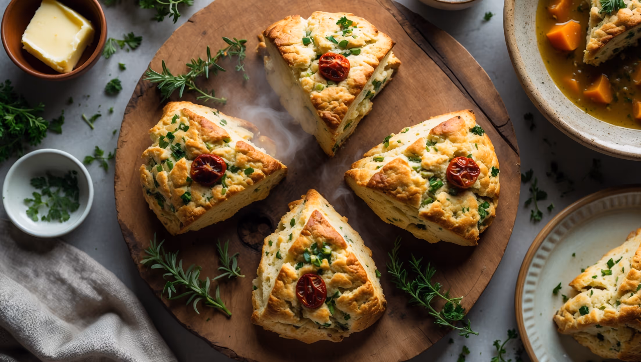 An overhead shot captures a rustic wooden board holding freshly baked savory herb scones, their golden-brown tops glistening with a light brush of olive oil. A cross-section reveals flaky layers studded with vibrant green herbs and sun-dried tomatoes. The soft natural light highlights the scones' crisp exterior and tender interior crumb. Surrounding the arrangement are scattered fresh herbs, a small bowl of vegan butter, and a linen napkin. Steam visibly rises from a just-broken scone, emphasizing their warmth and freshness, while a ceramic plate in the background holds additional scones beside a bowl of hearty vegetable soup.