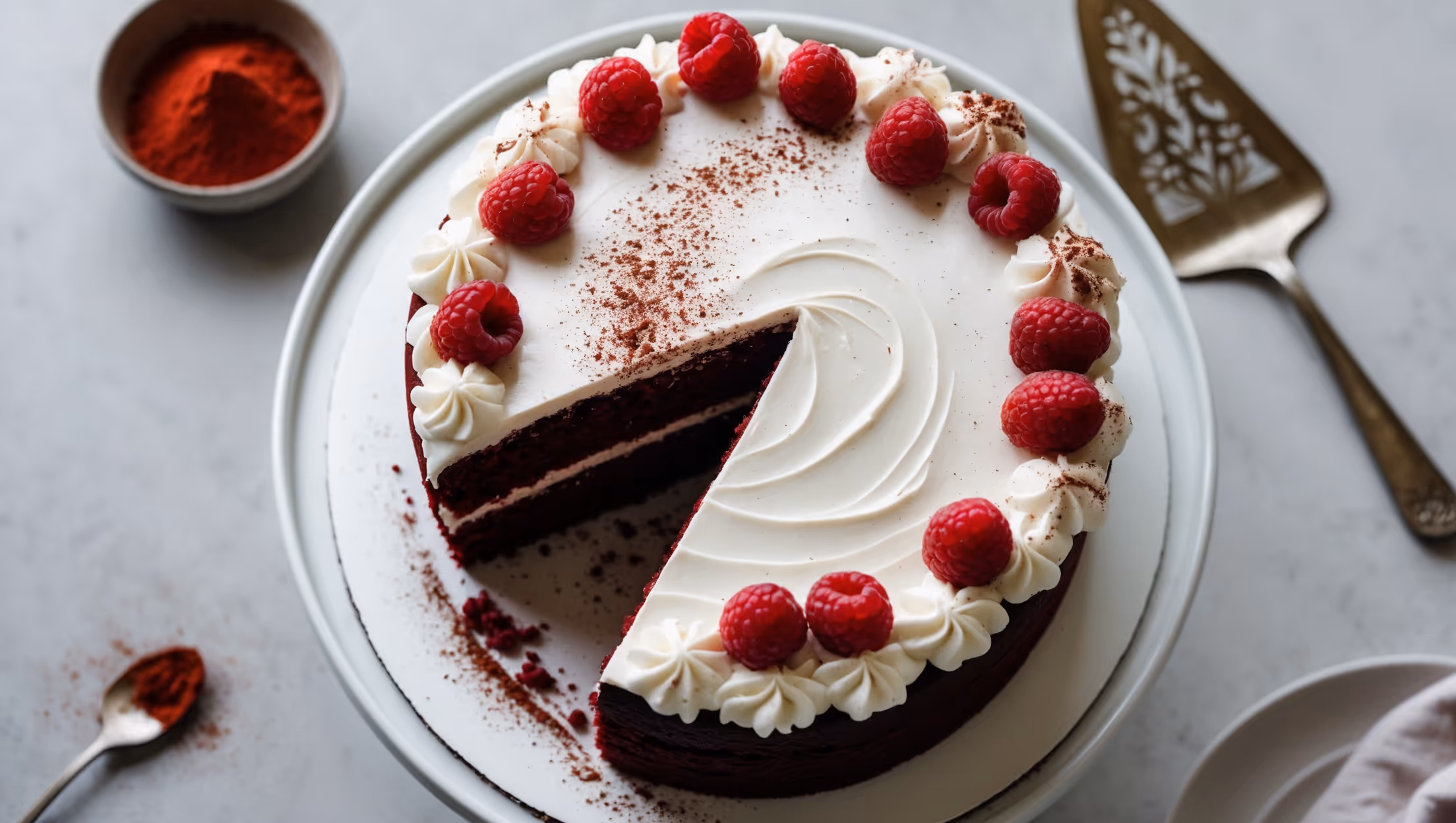 An overhead shot of a two-layer vegan red velvet cake with its signature vibrant red-burgundy color contrasting beautifully against the pure white vegan cream cheese frosting. The cake is placed on a minimalist white cake stand, with soft natural light highlighting the moist crumb visible from a slice being removed. The frosting has subtle decorative swirls around the edges, with a light dusting of cocoa powder and fresh raspberries scattered on top for an elegant pop of color. In the background, a vintage cake server rests beside the cake, while a small bowl of raw beetroot powder hints at the natural coloring used in this plant-based creation.