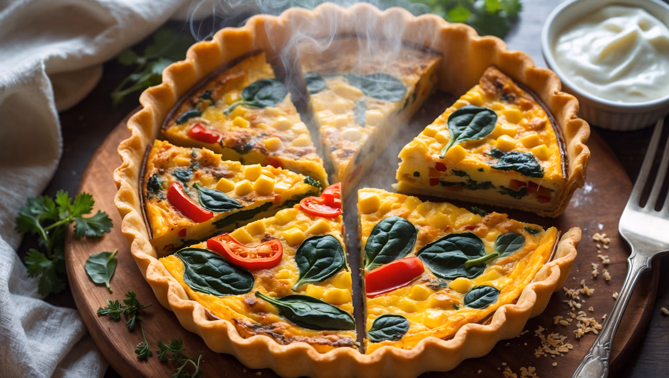 Overhead shot of a golden-brown vegan quiche casserole in a rustic ceramic baking dish, steam gently rising from its surface. The cross-section reveals colorful layers of sautéed vegetables suspended in a creamy tofu filling that maintains perfect slice integrity. Soft natural light streams through a kitchen window, highlighting the flaky shortcrust pastry edge and the vibrant pops of red bell pepper, green spinach, and yellow corn kernels throughout. A wooden serving board beneath features scattered fresh herbs, a sprinkling of nutritional yeast, and a ramekin of cashew cream, while a vintage fork rests beside a just-served slice revealing the quiche's moist yet firm texture.