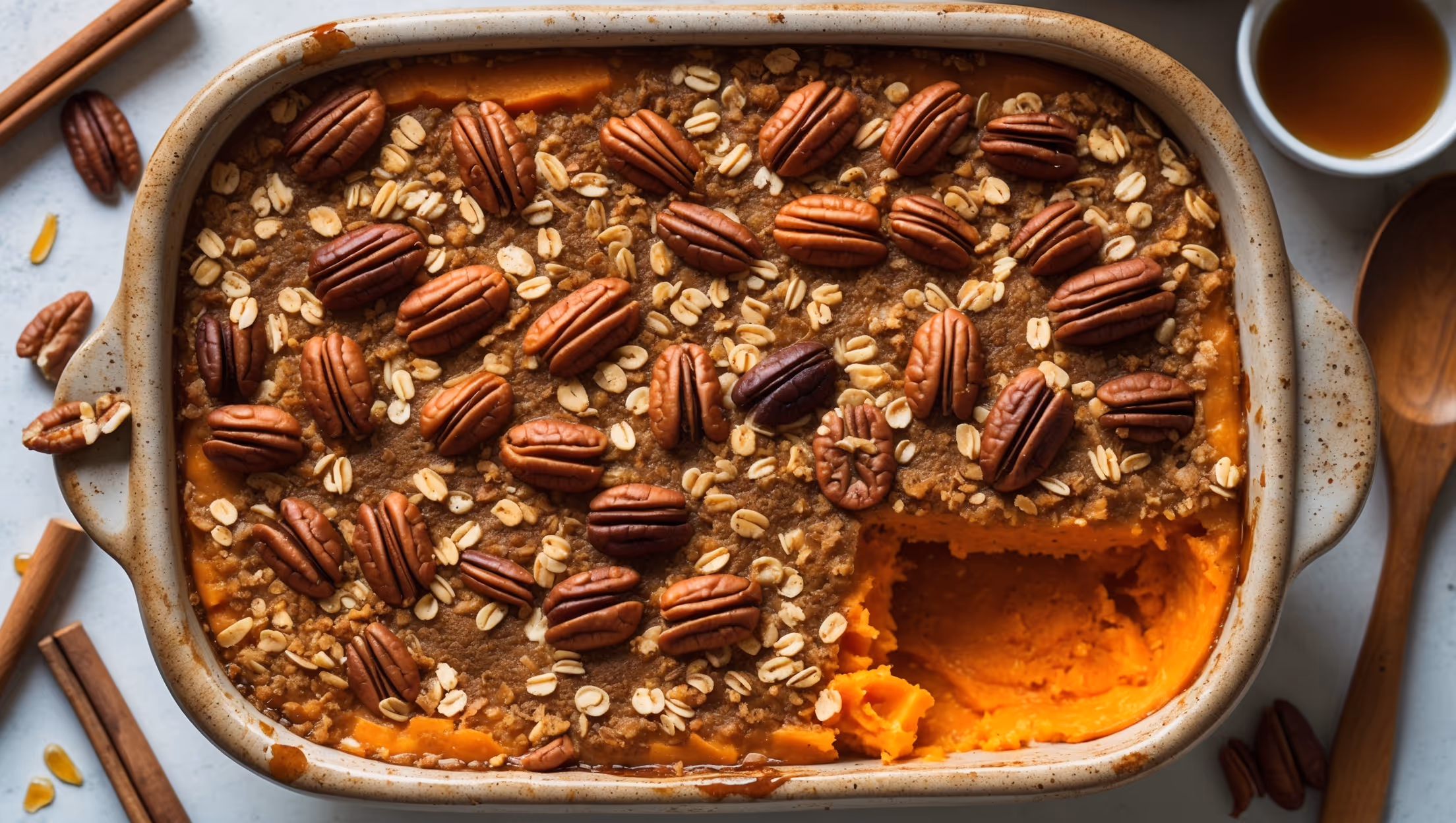 Overhead shot of a golden-brown sweet potato casserole in a rustic ceramic baking dish, slightly steaming to indicate warmth. The surface features a textured, caramelized pecan and oat topping with visible cracks revealing the vibrant orange sweet potato layer beneath. Captured in soft natural light streaming from a nearby window, highlighting the contrast between the crunchy topping and creamy filling. A wooden serving spoon rests beside the dish, with a portion already scooped revealing the casserole's luscious interior. Scattered cinnamon sticks, whole pecans, and a small bowl of maple syrup sit alongside, suggesting the warming spices and natural sweeteners used in the recipe.