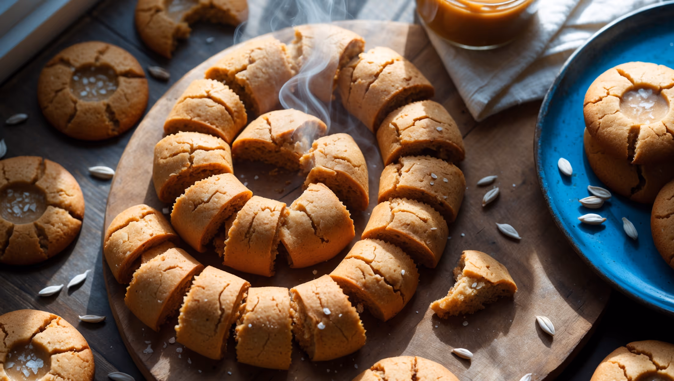 An overhead shot of golden-brown sunflower butter cookies arranged in a spiral pattern on a rustic wooden board, with a few broken cookies revealing their chewy centers. Natural light streams through a nearby window, highlighting the subtle sheen on the cookies' crackled tops and the tiny flecks of sea salt. In the background, a small jar of sunflower butter sits alongside scattered sunflower seeds and a linen napkin. The warm amber tones of the cookies contrast beautifully with the cool blue ceramic plate partially visible at the edge of the frame, while steam rises subtly from a freshly-baked batch.