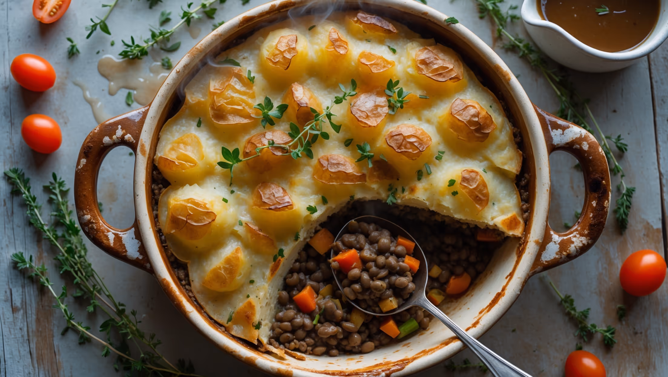 An overhead shot of a rustic ceramic baking dish filled with steaming vegan shepherd's pie, showcasing the golden-brown, slightly crispy potato topping with flecks of fresh herbs. A cross-section reveals distinct layers - the rich, dark brown lentil and vegetable filling beneath the creamy potato crust. Soft natural light highlights the steam rising from the freshly-baked dish. The pie sits on a weathered wooden table, surrounded by scattered fresh thyme sprigs, halved cherry tomatoes, and a small bowl of gravy. A serving spoon breaks through the surface, revealing the hearty filling with colorful vegetables and the contrasting textures between the fluffy topping and substantial base.