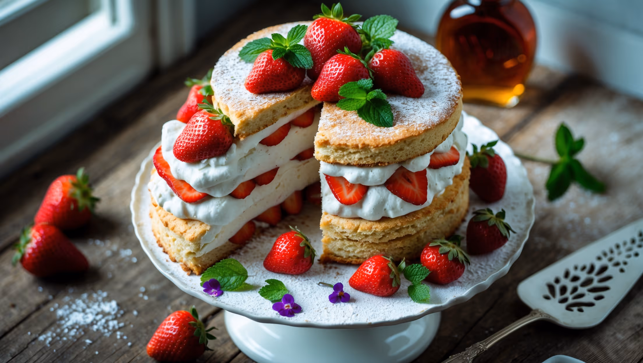 An overhead shot captures a towering vegan strawberry shortcake on a white ceramic cake stand, with one slice pulled slightly away to reveal distinct layers of golden-brown biscuit, cloud-like coconut cream, and vibrant red strawberry slices. Soft natural light streams through a nearby window, highlighting the glistening berries and creating subtle shadows. The shortcake is garnished with fresh mint leaves and a dusting of powdered sugar, while scattered fresh strawberries and edible flowers surround the base. A vintage silver cake server rests alongside on a rustic wooden table, with a glass bottle of maple syrup visible in the background, emphasizing the homemade, plant-based nature of this summer classic.