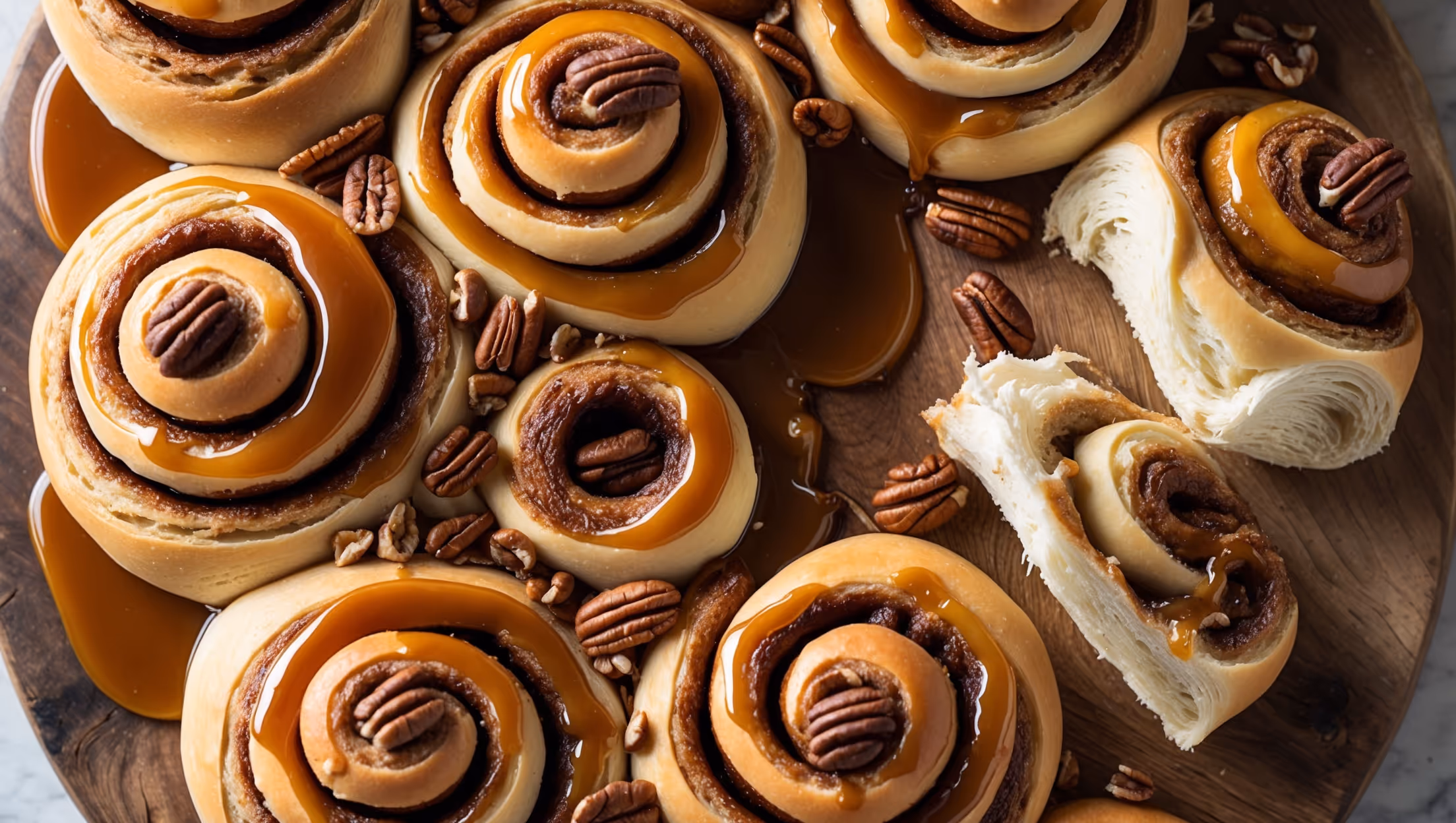 Overhead shot of freshly baked vegan sticky buns arranged on a rustic wooden serving board, glistening with caramel sauce that pools at the edges. Natural morning light highlights the amber-colored caramel dripping down the spiraled dough layers, while scattered toasted pecans add rich textural contrast. A close-up reveals the pillowy soft interior structure with perfect swirls of cinnamon-sugar filling. The warm golden-brown tops show a slight sheen from the sticky glaze, with a dusting of cinnamon visible throughout the spirals. One bun in the foreground has been pulled slightly apart, showcasing the tender, stretchy texture of the plant-based dough.
