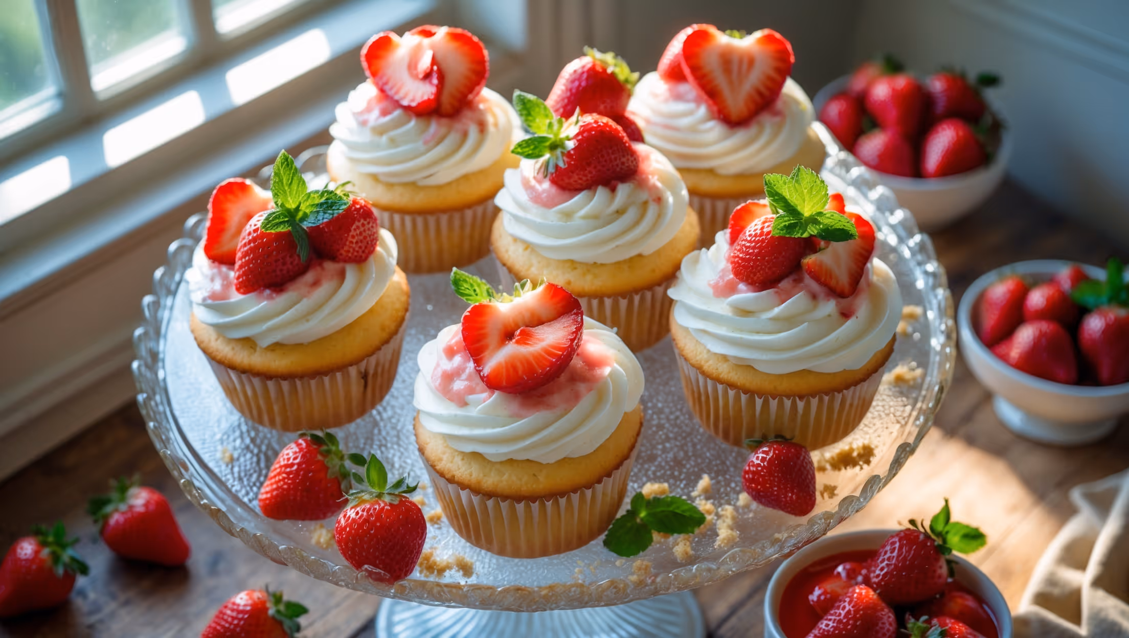 An overhead shot of six Vegan Strawberry Shortcake Cupcakes arranged on a vintage milk-glass cake stand, bathed in soft natural light streaming through a kitchen window. The cupcakes feature golden-topped vanilla bases with a perfect dome, crowned with swirls of fluffy white coconut whipped cream that catches the light with a subtle sheen. Vibrant red strawberry slices cascade over the tops, with some strategically placed whole berries showing their green caps. A scattering of vanilla cake crumbs and fresh mint leaves adds texture to the scene, while a rustic wooden table beneath the stand provides warm contrast to the bright cupcakes. A small bowl of extra macerated strawberries sits nearby, their juices glistening and ready for drizzling.