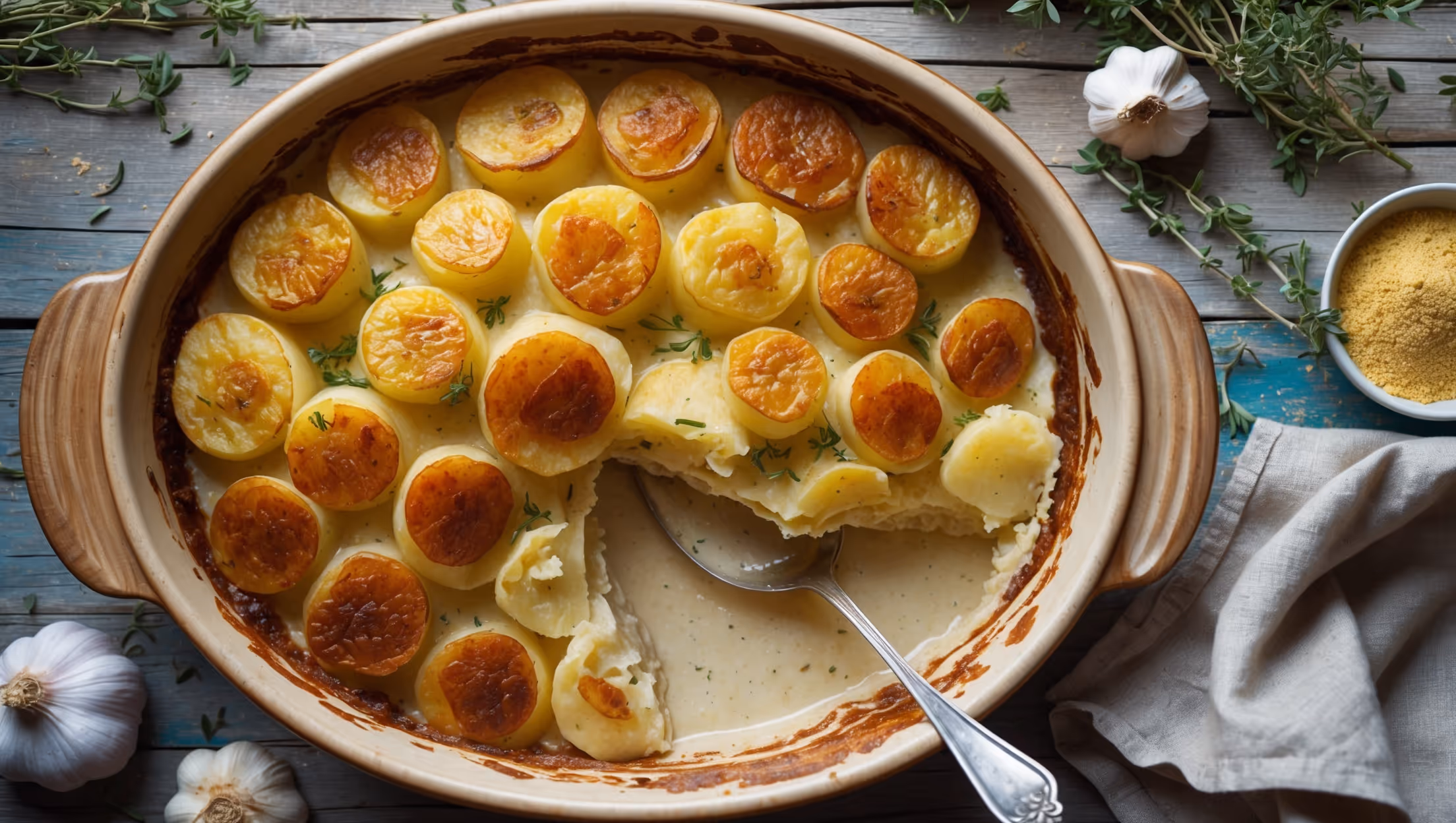 An overhead shot of a rustic ceramic baking dish filled with golden-brown vegan scalloped potatoes, the top layer beautifully caramelized with crispy edges. A cross-section reveals perfectly tender potato slices stacked in delicate layers, separated by a creamy sauce that's visibly flecked with herbs and spices. Soft natural light streams across the scene, highlighting the bubbling edges and steam rising from the just-served portion where a serving spoon has broken the surface. The dish sits on a weathered wooden table alongside scattered fresh thyme sprigs, whole garlic bulbs, and a small bowl of nutritional yeast, with a linen napkin casually draped nearby.