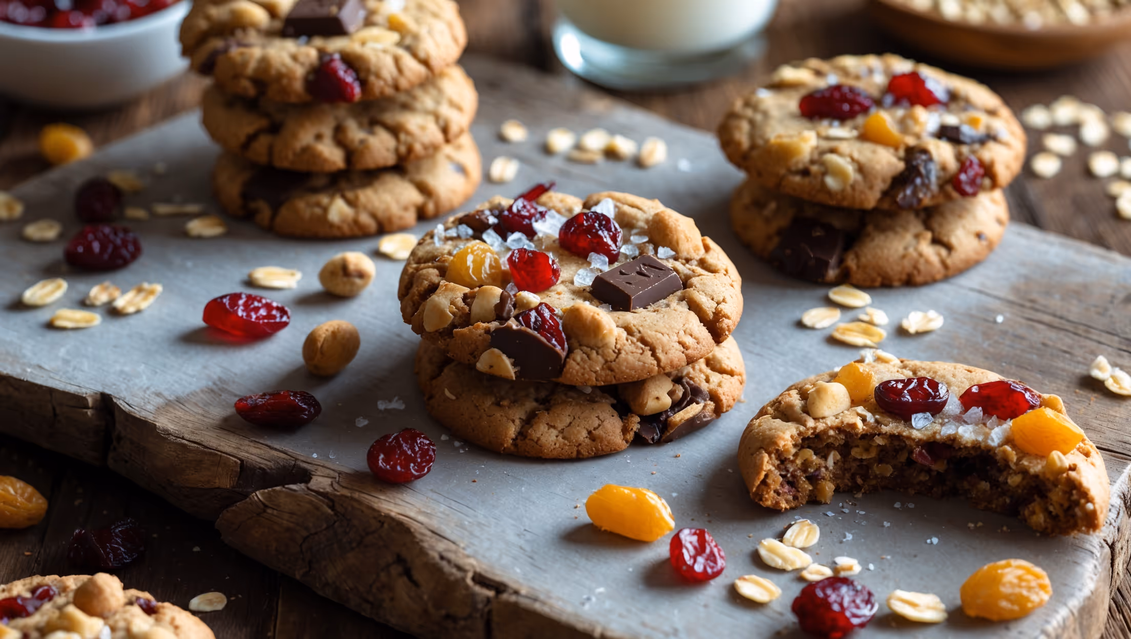 An overhead shot of rustic vegan trail mix cookies scattered across a weathered wooden board, with some stacked in small piles. Soft natural light highlights the varied textures - chunks of dark chocolate melting slightly, vibrant red dried cranberries, golden raisins, and assorted nuts creating a mosaic of colors and textures. A sprinkling of sea salt crystals catches the light atop each cookie. In the background, a glass of plant milk and scattered oats and nuts create context, while a broken cookie in the foreground reveals the chewy interior studded with trail mix ingredients. A warm amber glow bathes the scene, emphasizing the homemade, wholesome nature of these hearty cookies.