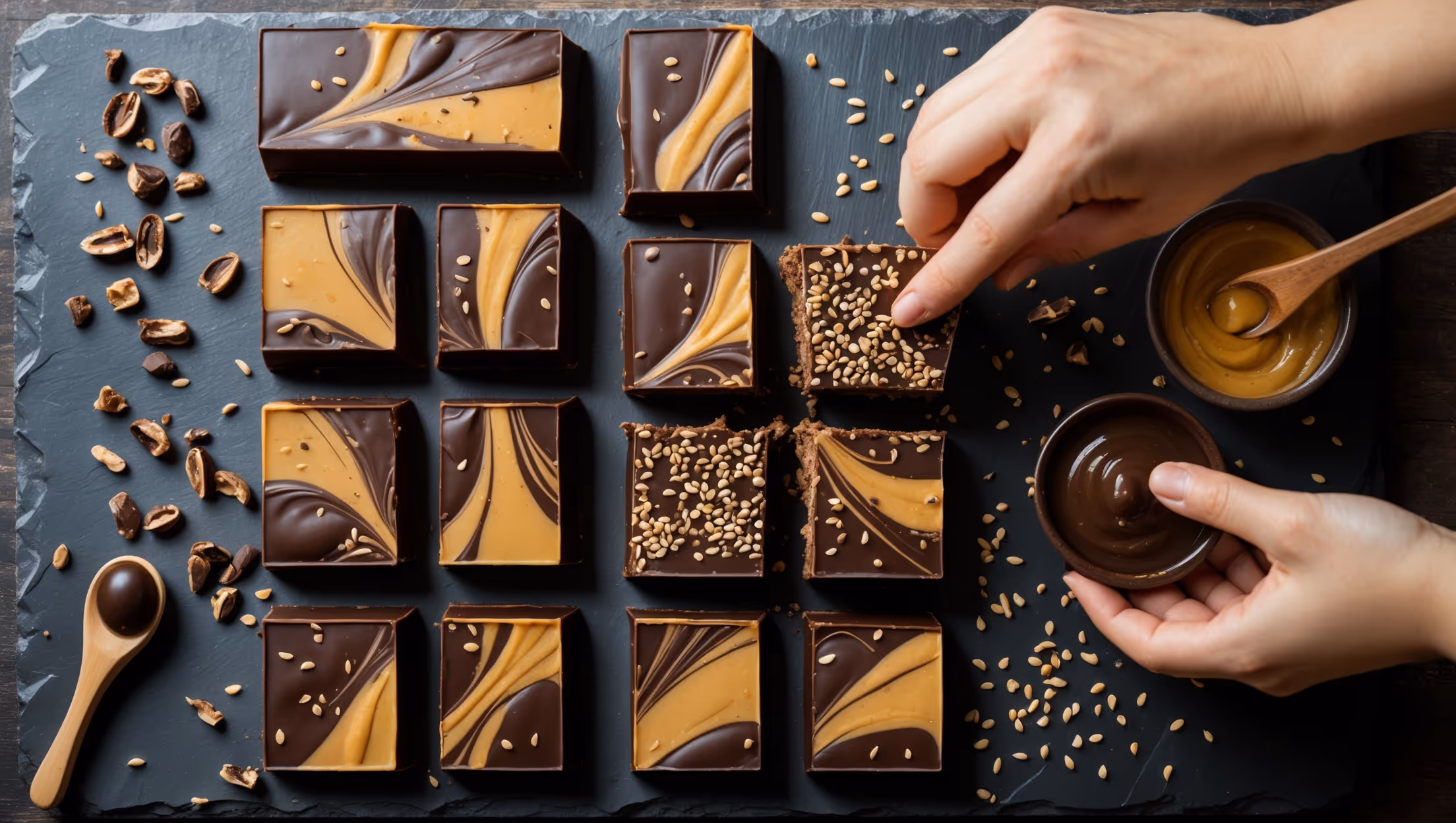 An overhead shot of rectangular chocolate bars arranged on a matte black slate board, their glossy dark chocolate surfaces marbled with elegant swirls of golden tahini. A cross-section reveals the dense, fudgy interior studded with tiny sesame seeds. Scattered cacao nibs and sesame seeds frame the composition, while a small bowl of tahini with a wooden spoon sits nearby. The soft natural light highlights the contrast between the dark chocolate and caramel-colored tahini, capturing the sheen of the bars' perfectly set surface. A hand reaches in to take a piece, showing the slight give of the bar's perfect texture.