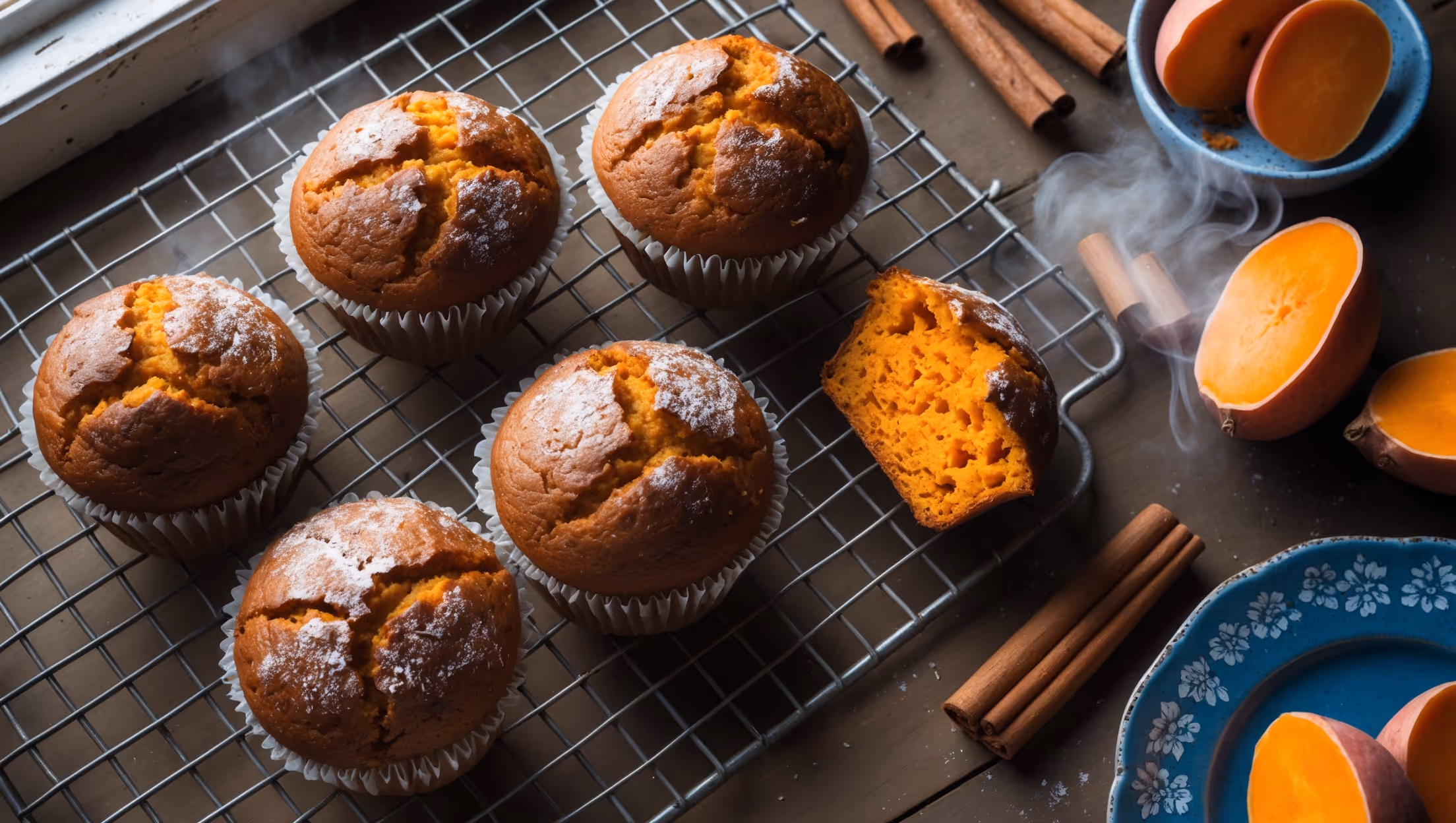 An overhead shot captures a rustic wire cooling rack holding six golden-brown sweet potato muffins with perfectly domed tops and visible orange flecks. A cross-section view reveals the moist, tender crumb studded with cinnamon-speckled sweet potato pieces. Soft natural light streams in from a nearby window, highlighting the muffins' caramelized edges and slightly crackled tops. The scene is styled on a weathered wooden table with scattered whole cinnamon sticks, a small bowl of ground flaxseed, and a vintage blue ceramic plate holding sliced sweet potato. A light dusting of powdered sugar creates delicate contrast against the rich amber-colored muffins, while steam gently rises from a freshly broken muffin, suggesting their warm, aromatic appeal.