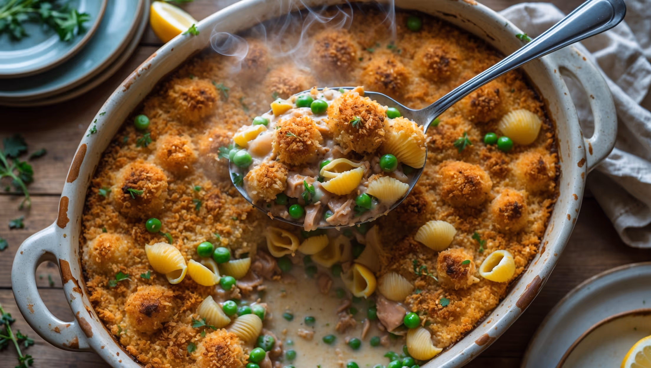 An overhead shot of a bubbling vegan tuna casserole in a rustic ceramic baking dish, showcasing the golden-brown breadcrumb topping with flecks of herbs. Steam rises gently as a serving spoon lifts a portion, revealing the creamy interior studded with flaky hearts of palm, peas, and shell pasta. Soft natural light highlights the contrasting textures between the crisp topping and creamy filling. The dish sits on a worn wooden table beside scattered fresh herbs and lemon wedges, with cozy linen napkins and simple ceramic plates suggesting a wholesome family dinner setting.