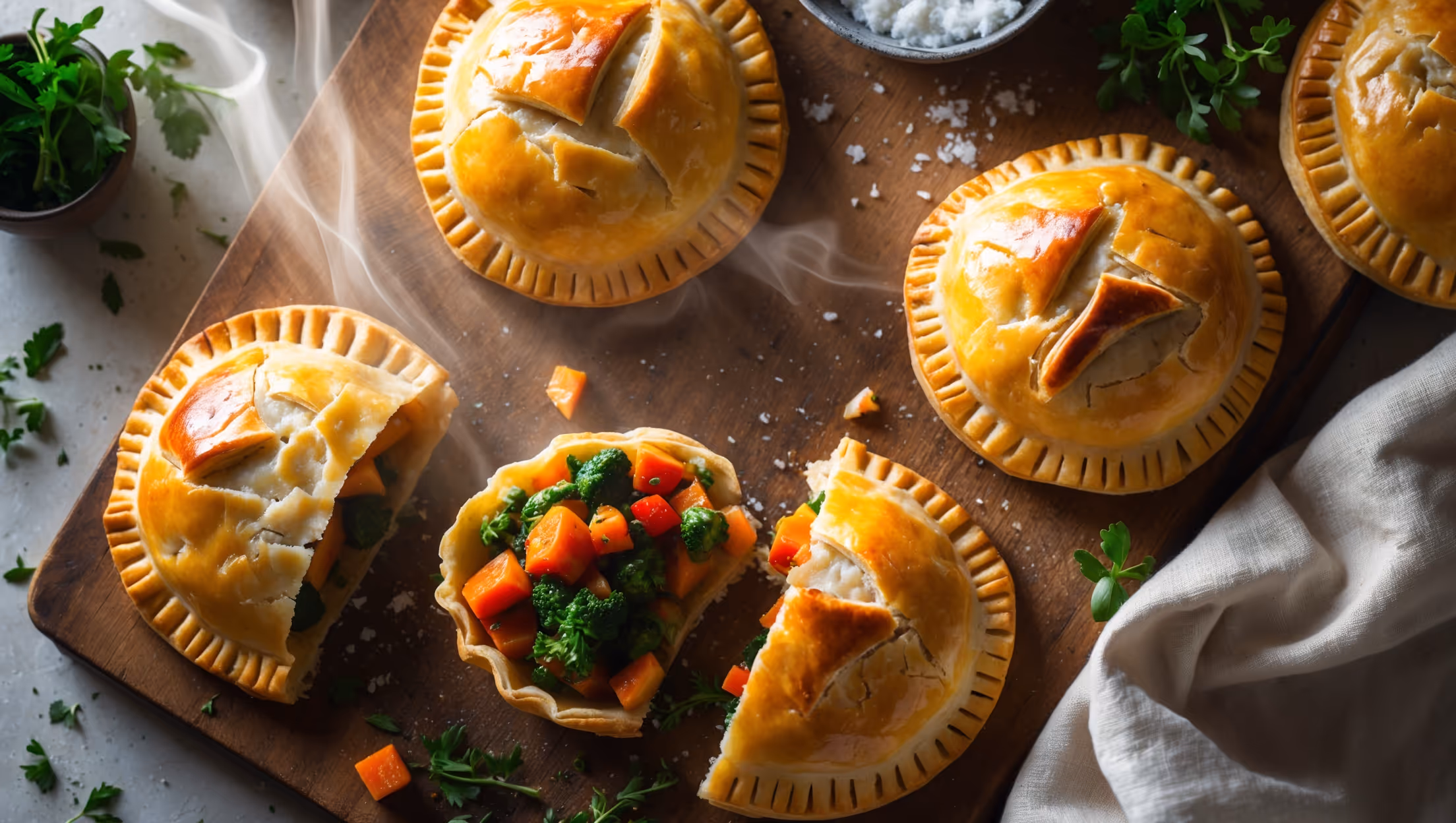 An overhead shot of golden-brown vegetable hand pies arranged on a rustic wooden board, with one pie broken in half to reveal colorful chunks of roasted vegetables bound in a light herb sauce. Soft natural light streams across the scene, highlighting the flaky, butter-brushed pastry layers and the steam rising from the freshly baked pies. In the background, scattered fresh herbs, a small bowl of sea salt, and a linen napkin add context, while crumbs of pastry suggest the delicate, shattering texture of the crust. The warm amber tones of the baked pastry contrast beautifully with the vibrant greens, reds, and oranges of the vegetable filling peeking through.