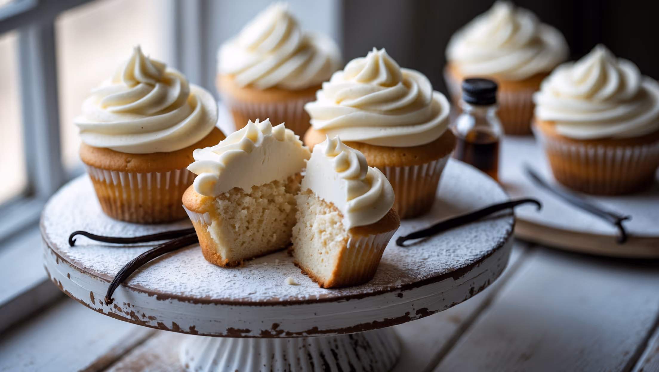 Shot from a 45-degree angle, these perfectly domed vanilla bean cupcakes sit atop a distressed white wooden cake stand under soft natural window light. A close-up reveals the delicate speckling of vanilla beans throughout the pale golden crumb, while the swirled dairy-free buttercream frosting catches the light with its creamy sheen. One cupcake in the foreground has been cut open, exposing the tender, moist interior. Scattered vanilla beans and a small glass bottle of vanilla extract rest alongside, while a dusting of powdered sugar adds dimension. The contrast between the warm golden cake and cool white frosting creates a classic, timeless appeal that highlights the pure simplicity of these vegan treats.