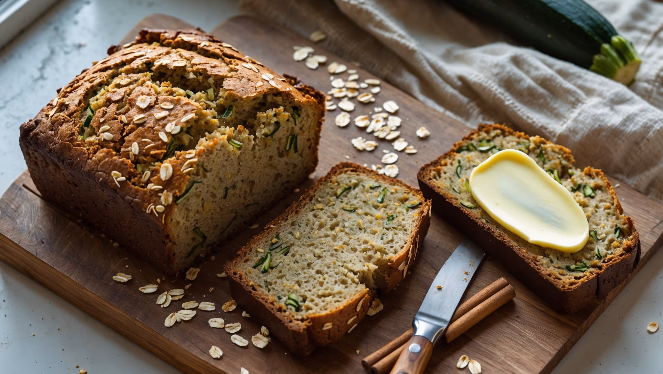 An overhead shot of a rustic sliced loaf of vegan zucchini oat bread on a wooden cutting board, showing its moist, speckled interior studded with flecks of green zucchini and hearty oats. The golden-brown crust has a slight crack along the top, glistening slightly in soft natural light streaming through a kitchen window. Scattered around the board are freshly grated zucchini, a sprinkle of rolled oats, and cinnamon sticks, while a slice smeared with a thin layer of plant-based butter sits on vintage linen. The photography captures the bread's tender crumb and wholesome texture, emphasizing the perfect balance between sweetness and nutrition.