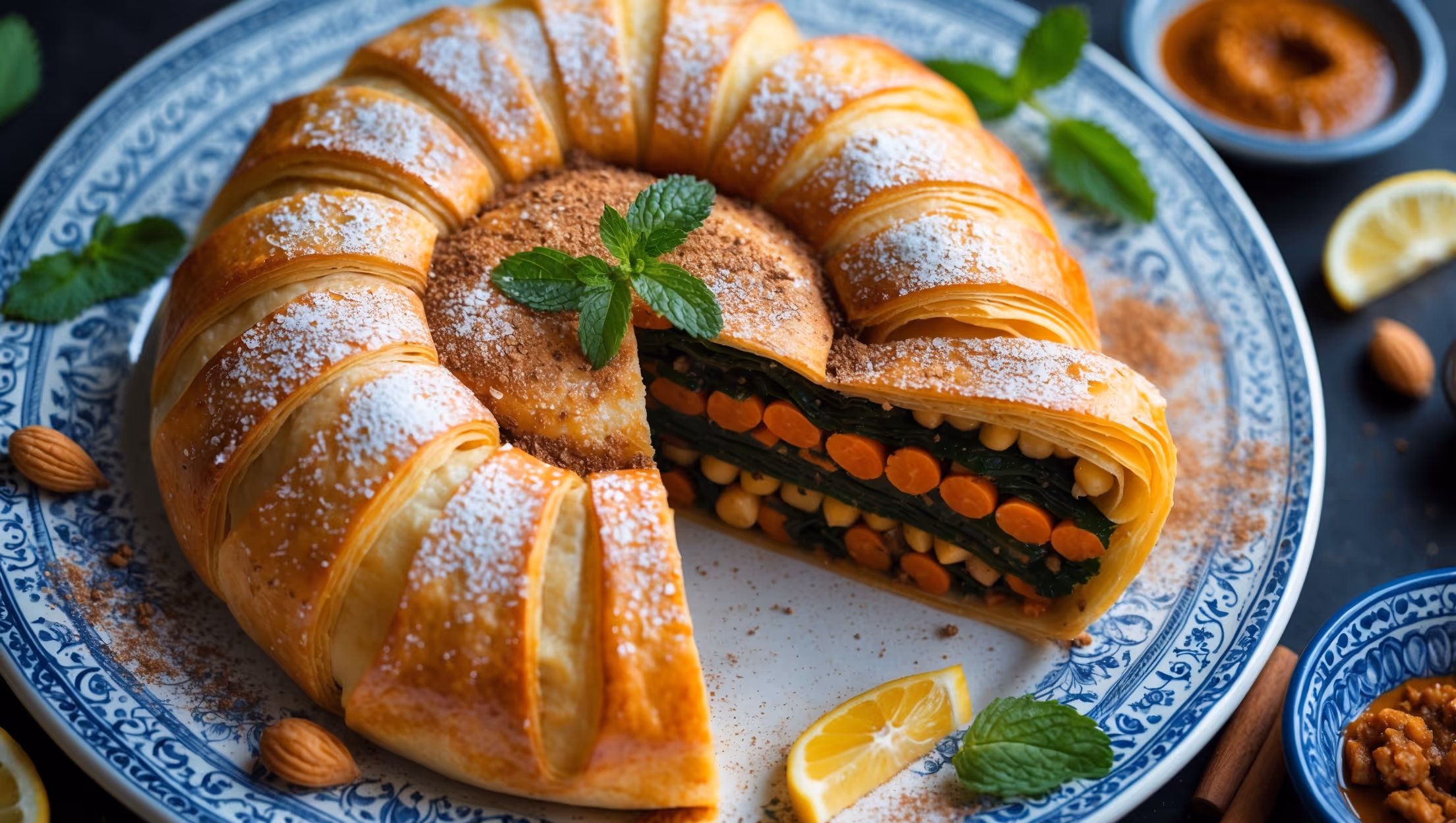 An overhead shot of a golden-brown Vegetable Bastilla with its characteristic dome shape, dusted with a light pattern of powdered sugar and cinnamon creating decorative lines across its surface. A slice has been removed to reveal the colorful vegetable filling inside – layers of vibrant orange carrots, deep green spinach, and golden chickpeas bound together with aromatic spices. Shot in soft natural light that highlights the flaky texture of the paper-thin pastry layers. The bastilla sits on a traditional Moroccan ceramic plate with intricate blue patterns, garnished with fresh mint leaves and lemon wedges, with scattered almonds and a small bowl of harissa sauce positioned nearby.