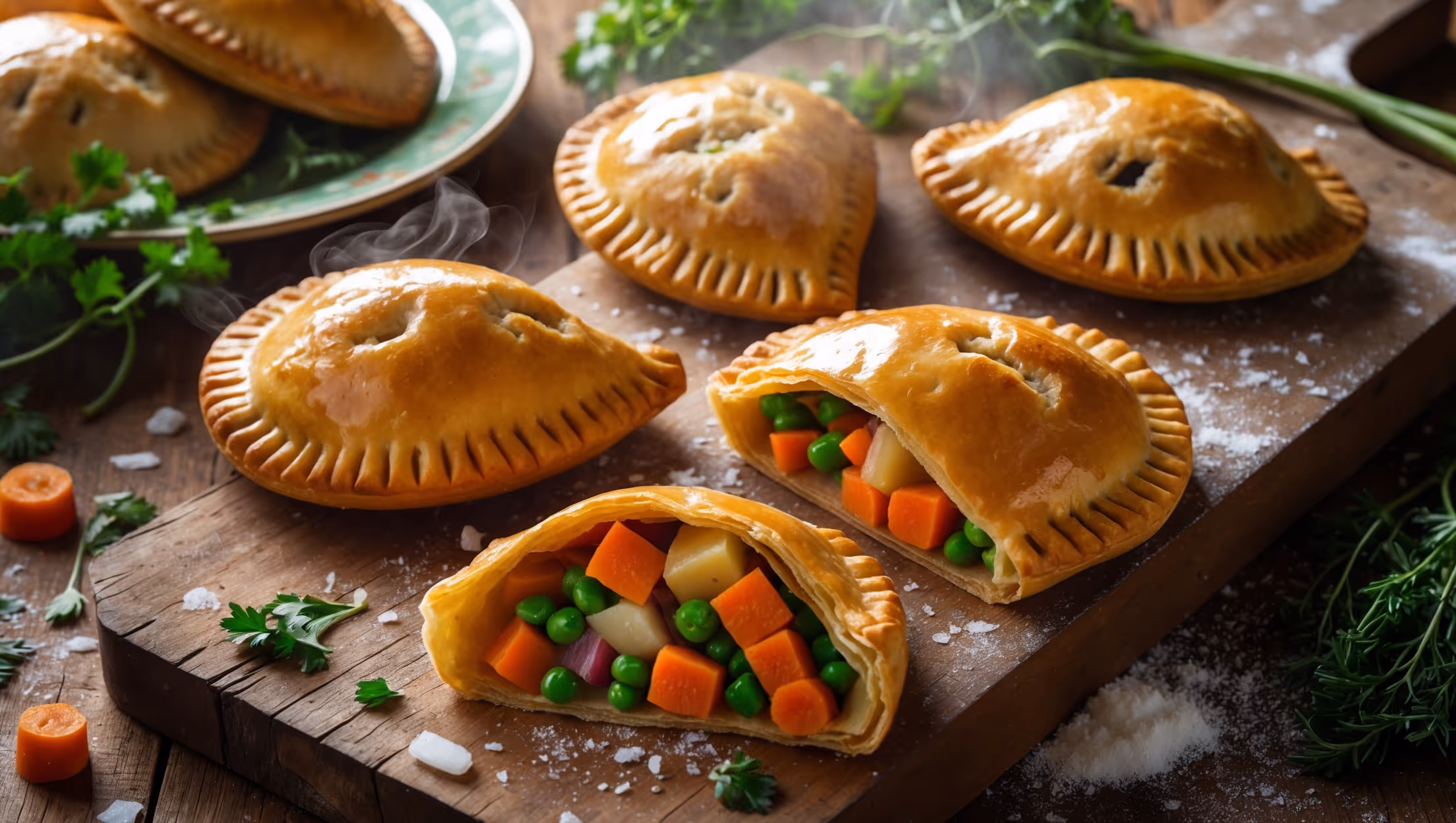 Overhead shot of golden-brown vegetable pasties arranged on a rustic wooden board, with one pasty halved to reveal the colorful vegetable filling inside. Soft natural light streams in from the side, highlighting the flaky layers of the pastry crust and the steam rising from the freshly-baked interior. The filling showcases vibrant diced carrots, potatoes, and green peas nestled in a glossy sauce. Scattered around the board are fresh herbs, sea salt flakes, and raw vegetables that mirror those in the filling. A vintage enamel plate holds additional pasties in the background, creating depth in the composition, while a light dusting of flour on the wooden surface hints at the homemade nature of these savory hand pies.