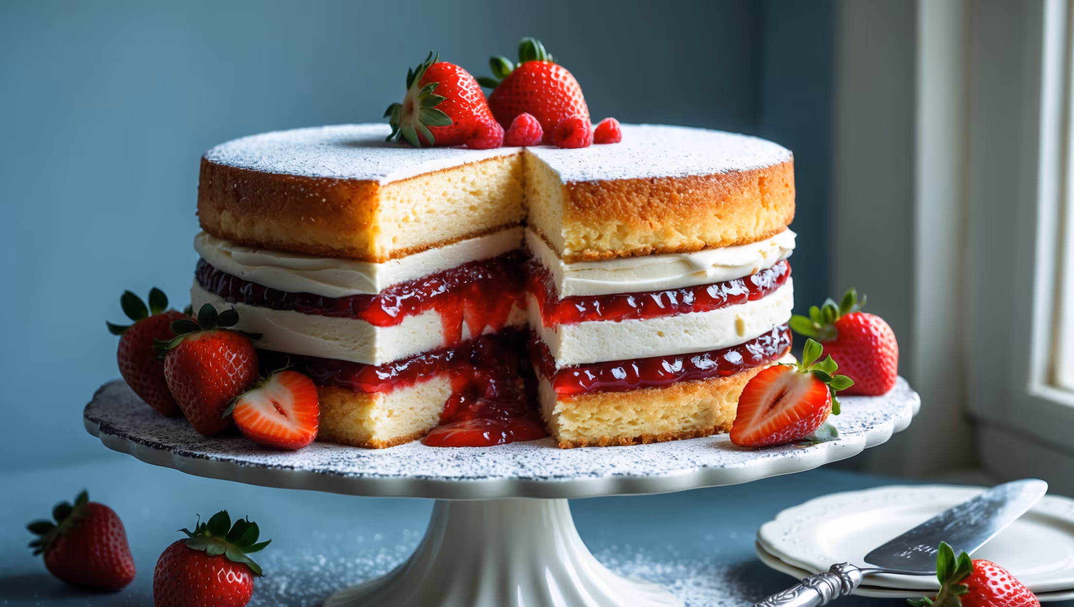An elegant cross-section view of the vegan Victoria sponge cake showcases two perfectly risen golden layers with a visible light, airy crumb. The generous filling of vibrant red strawberry jam contrasts beautifully with the pure white vegan vanilla buttercream, which delicately oozes from between the layers. Dusted with a fine layer of powdered sugar that catches the soft natural light streaming through a nearby window, the cake sits on a vintage white cake stand against a pale blue backdrop. Fresh strawberries and edible flowers are artfully arranged around the cake's base, while a silver cake server rests nearby, ready to cut the first slice of this plant-based masterpiece.