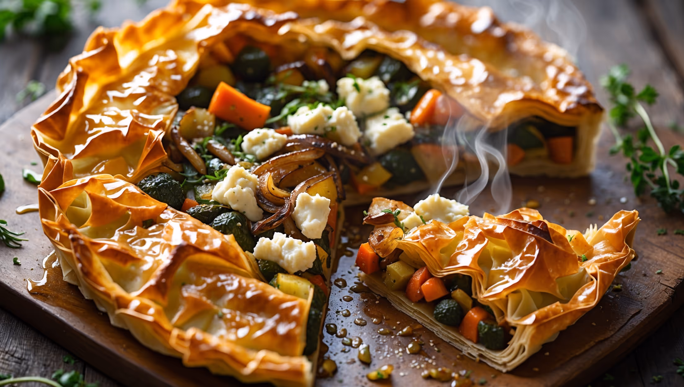An overhead shot of the golden-brown Vegetable Phyllo Pie, its top crust crinkled and glistening with olive oil, revealing glimpses of colorful vegetables peeking through the layers. The pie is photographed in soft natural light on a rustic wooden board with fresh herbs scattered around. A slice has been removed, showcasing the distinct flaky layers of pastry and the vibrant filling of roasted vegetables bound together with melted feta and caramelized onions. Steam gently rises from the exposed interior, highlighting the pie's fresh-from-the-oven appeal, while the varied textures of crisp pastry and tender vegetables create compelling visual contrast.