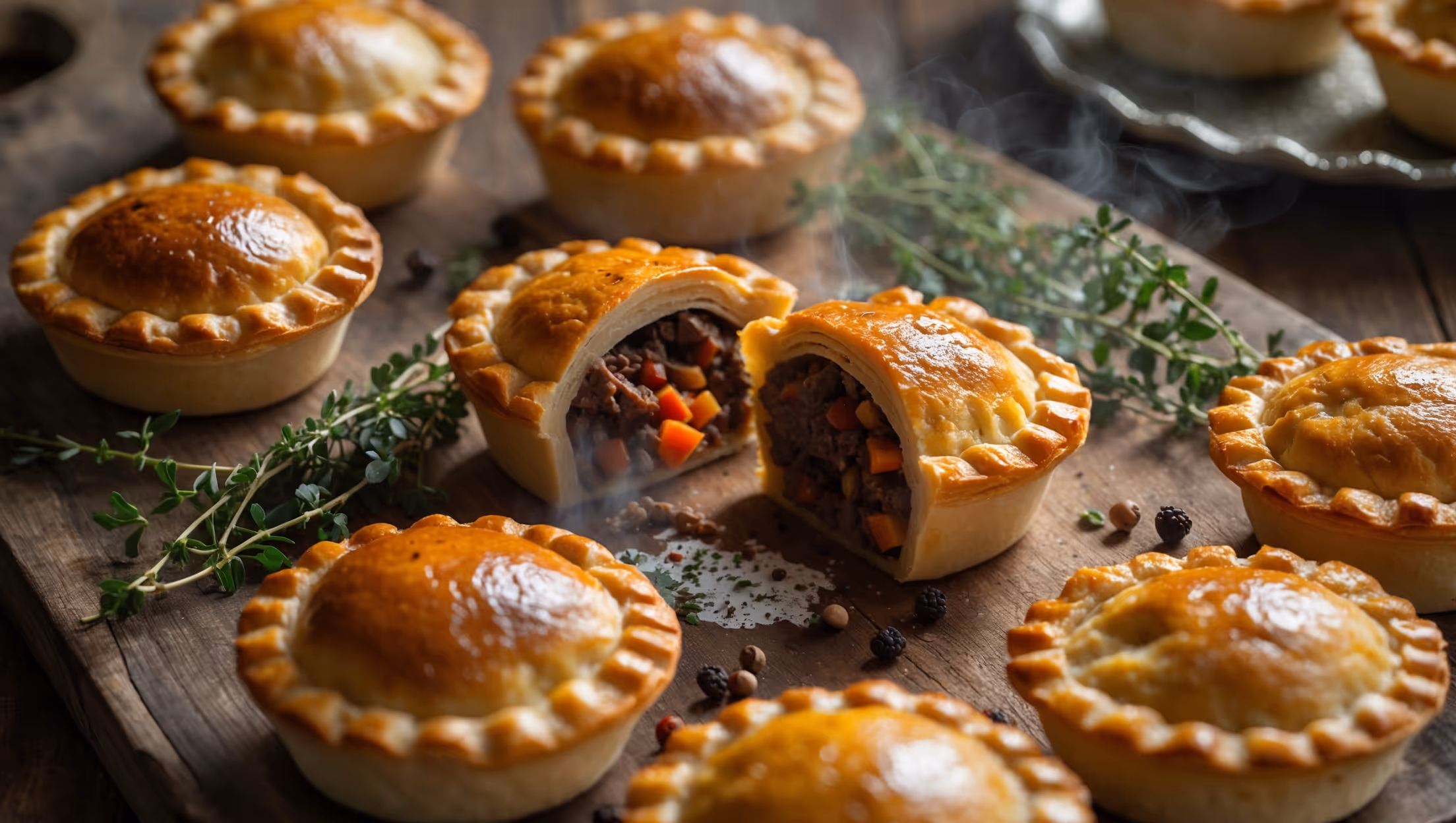 An overhead shot of mini venison pies arranged on a rustic wooden board, their golden-brown tops glistening under soft natural light. A cross-section view reveals the succulent, dark venison filling studded with colorful vegetables and herbs. Steam rises gently from a freshly cut pie, highlighting the aromatic filling. Scattered fresh thyme sprigs and whole peppercorns complement the warm, earthy tones of the pies. A vintage pewter plate holds additional pies in the background, creating depth while highlighting the flaky layers of the shortcrust pastry.