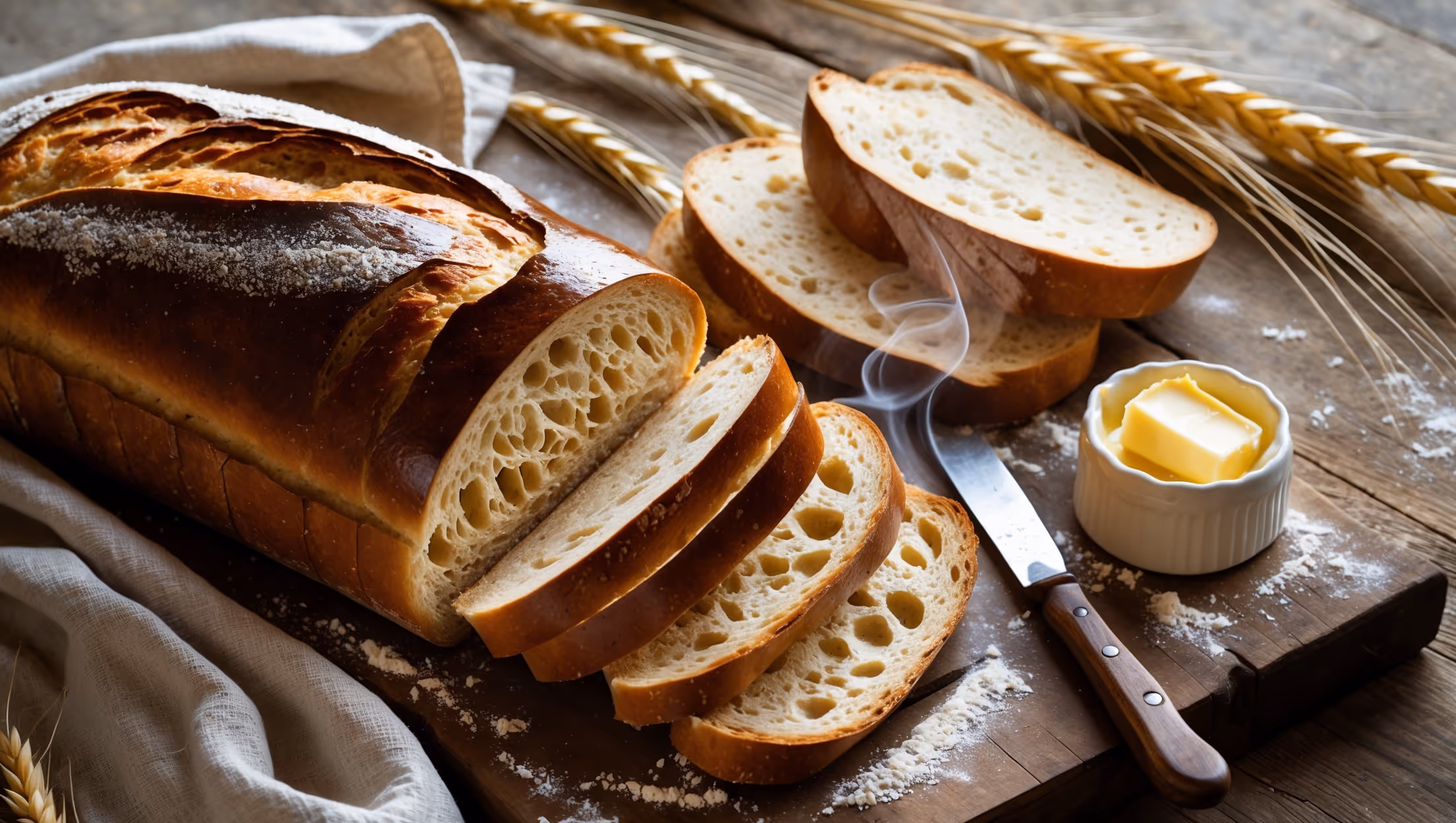 A rustic wooden board showcases a beautifully sliced Vienna bread loaf with its distinctive oval shape and striking glossy crust gleaming under soft afternoon light. The cross-section reveals a perfect honey-toned crumb structure with tiny, even air pockets throughout. A few slices are arranged alongside the main loaf, displaying the bread's pillowy interior against the crisp, mahogany exterior. Scattered wheat stalks and a dusting of flour frame the composition, while a vintage linen napkin and butter knife with a small crock of European butter suggest immediate enjoyment. Steam appears to rise subtly from a freshly cut slice, highlighting the bread's fresh-from-the-oven appeal.