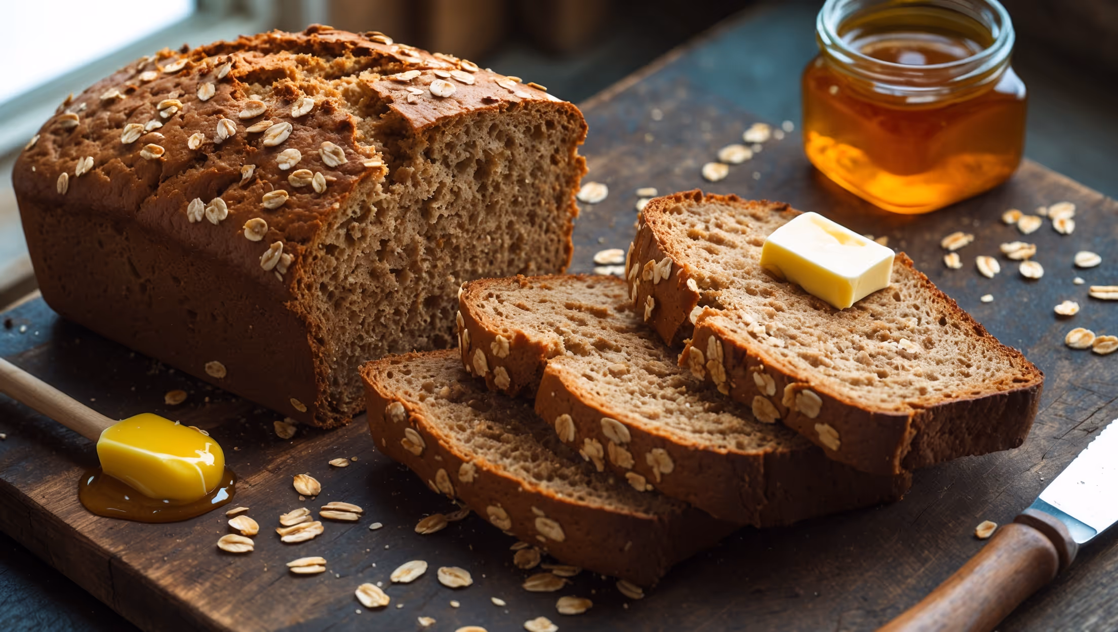 An overhead shot of a freshly sliced Vermont Whole Wheat Oatmeal Honey Bread loaf on a worn wooden cutting board, with one perfect slice leaning against the loaf. Soft natural morning light streams through a nearby window, highlighting the bread's golden-brown crust and revealing its moist, hearty interior speckled with oats. A small jar of amber honey with a wooden dipper rests nearby, along with scattered oat flakes and a butter knife with a small pat of melting butter. The texture of the bread shows a perfect balance between robustness and tenderness, with visible whole grain elements throughout the even crumb structure.