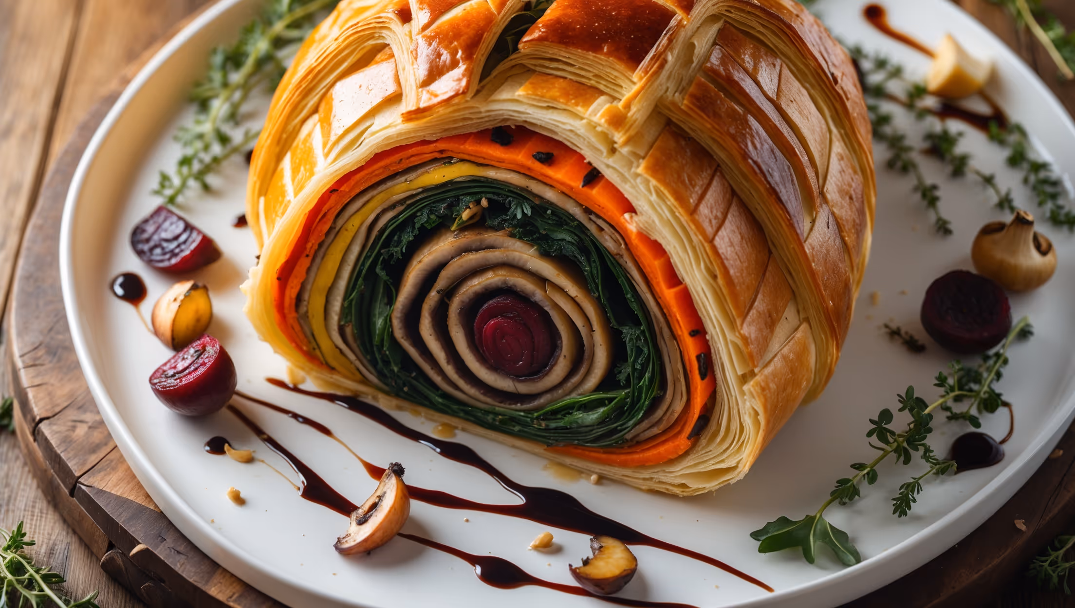 An overhead shot of a perfectly golden Vegetable Wellington sliced to reveal its vibrant, layered interior. The cross-section showcases concentric rings of roasted vegetables—deep orange carrots, earthy mushrooms, vibrant spinach, and ruby-red beets—all wrapped in a rich mushroom duxelles and encased in buttery, flaky pastry. Soft natural light catches the glistening layers and highlights the pastry's intricate lattice pattern. The Wellington rests on a rustic wooden board scattered with fresh thyme sprigs and roasted garlic cloves, with a drizzle of balsamic reduction creating artistic patterns on the white serving plate. Steam gently rises from the freshly cut portion, emphasizing its straight-from-the-oven appeal.