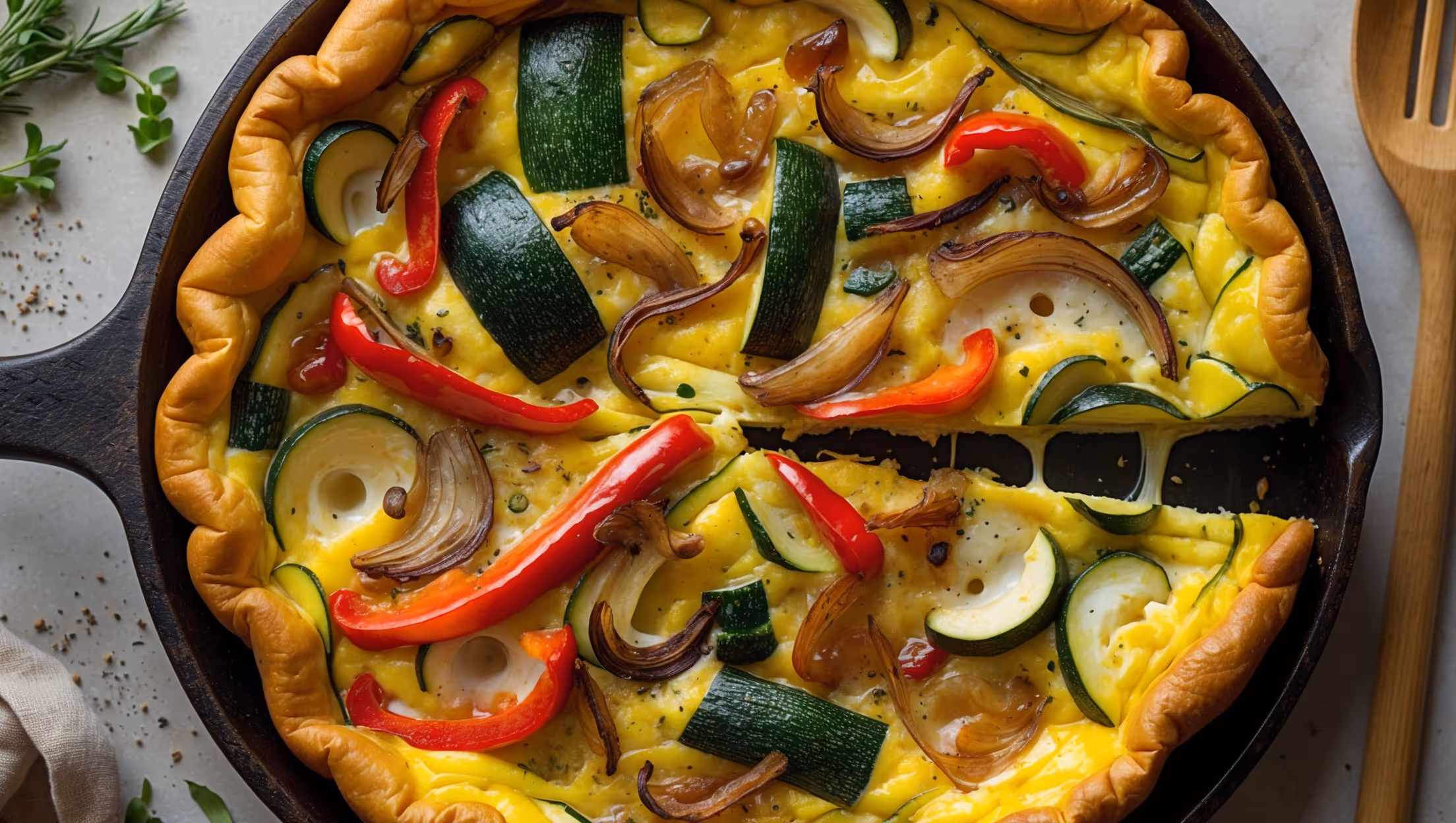 An overhead shot of the golden-brown Veggie Frittata, showcasing its puffed edges and vibrant mosaic of red bell peppers, bright green zucchini, and caramelized onions scattered throughout. The cross-section reveals its airy, tender interior with pockets of melted cheese that stretch when pulled apart. Captured in soft natural morning light on a rustic cast-iron skillet, with fresh herbs scattered around the edges, a wooden serving spatula resting nearby, and a light dusting of freshly cracked black pepper visible on the surface. The warm golden tones of the eggs contrast beautifully with the colorful vegetables, creating an inviting breakfast scene.