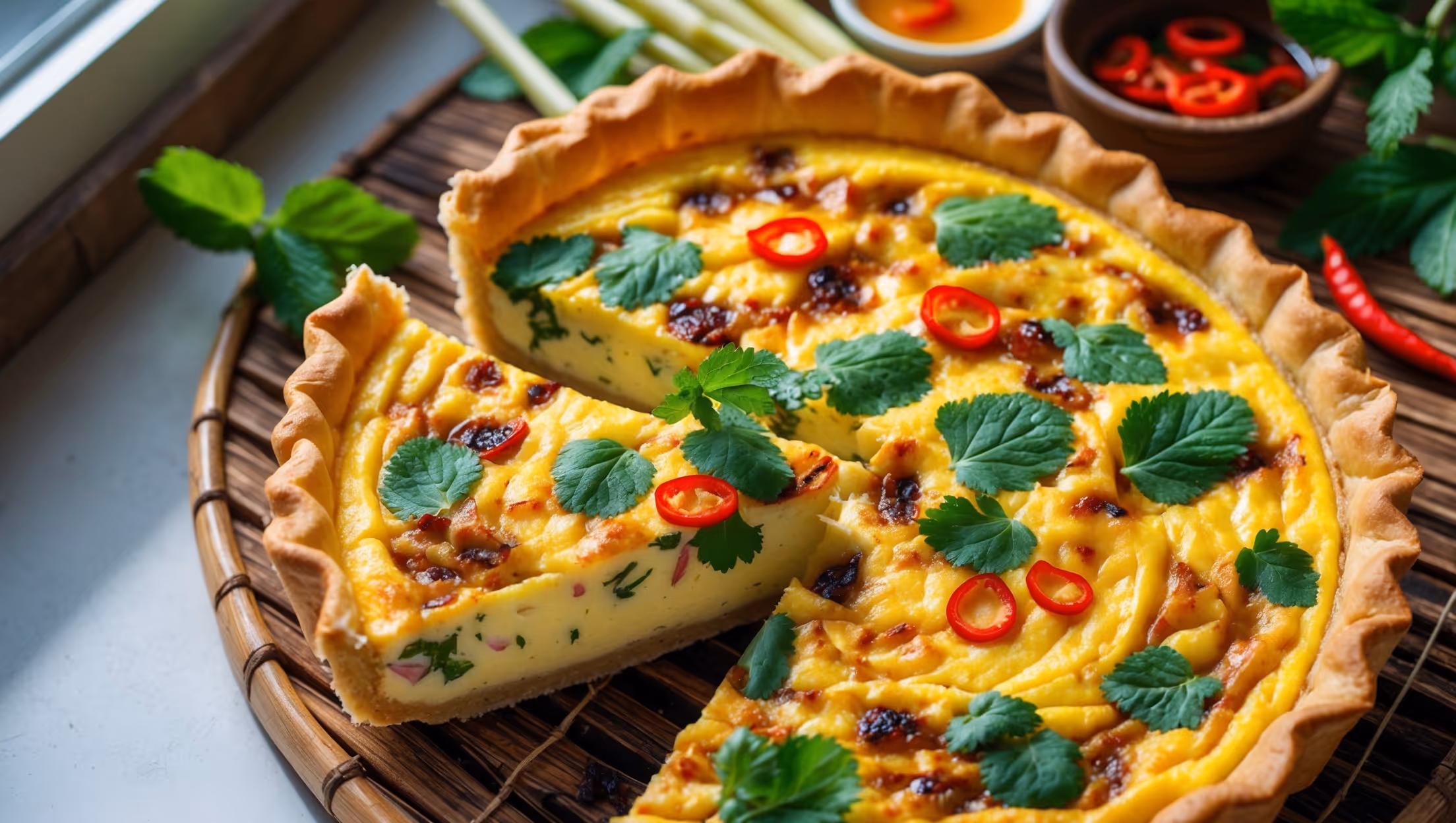 An overhead shot of a golden-brown quiche with a perfectly flaky crust, capturing the slice being lifted to reveal a creamy, custard-like filling studded with vibrant cilantro, sliced chilis, and caramelized aromatics. Natural light streams in from a nearby window, highlighting the delicate texture of the pastry edge and the moist interior. Sprigs of fresh mint, sliced lemongrass, and a small dish of nuoc cham dipping sauce sit alongside the quiche on a rustic bamboo serving board, while thin slices of red chili add pops of color against the warm yellow-toned filling.