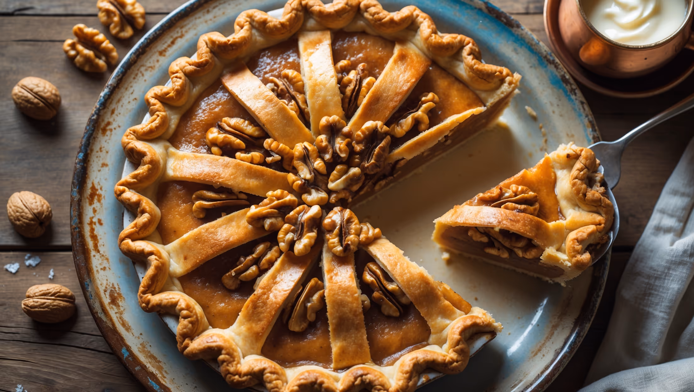 An overhead shot of a perfectly golden Walnut Cream Pie, with a slice being removed to reveal its luscious, amber-colored filling studded with caramelized walnut pieces. The pie sits on a vintage ceramic plate against a rustic wooden table, with scattered whole walnuts and a small copper pot of cream in soft natural light. The flaky, latticed crust shows a beautiful golden-brown sheen with a light dusting of sugar crystals, while the cream filling has set to a perfect consistency—firm enough to hold its shape when sliced but still visibly creamy and indulgent.