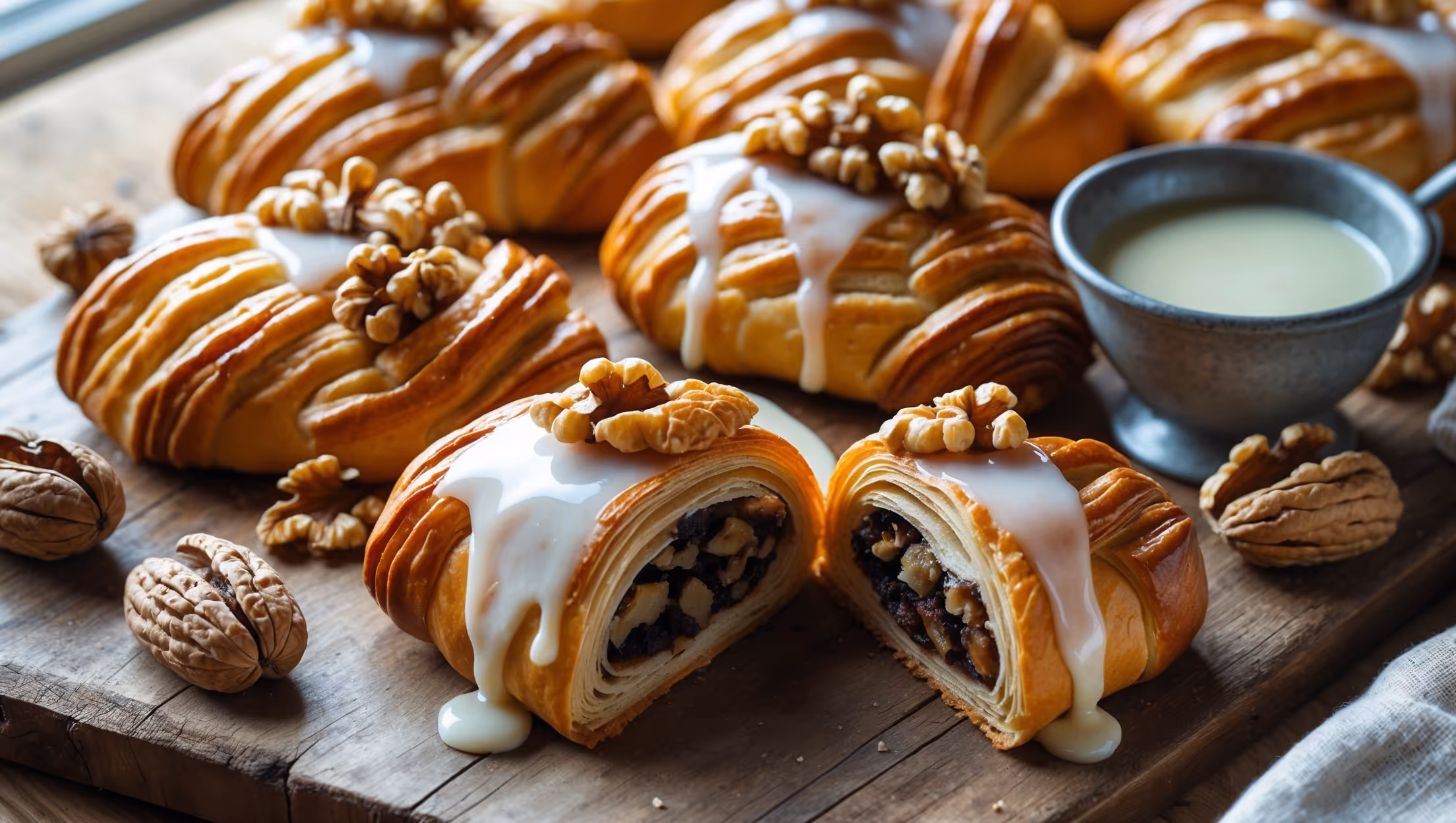 An overhead shot of golden-brown Walnut Danish pastries arranged on a rustic wooden board, with one pastry in the foreground cut open to reveal the rich walnut filling inside. Soft natural light streams in from a side window, highlighting the flaky layers and glossy vanilla glaze that drips enticingly down the sides. Several whole walnuts are scattered artistically around the pastries, along with a small vintage pot of extra glaze and a linen napkin. The contrast between the amber-colored pastry, dark walnut filling, and white glaze creates a visually striking composition that showcases the Danish's intricate laminated dough structure and generous filling.