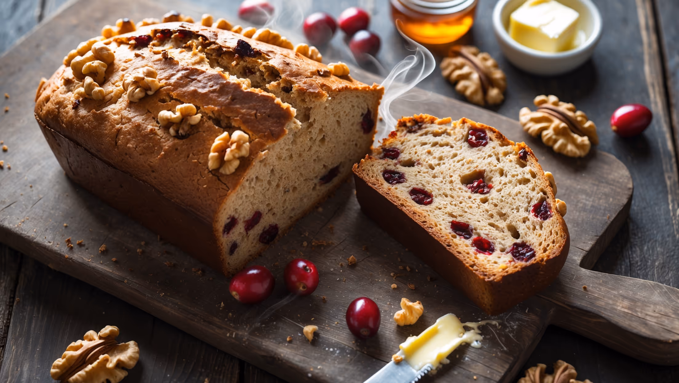 An overhead shot of a rustic Walnut Cranberry Bread with a perfect crack along its golden-brown crown, placed on a weathered wooden cutting board. A cross-section slice reveals a moist, light crumb studded with ruby-red cranberries and amber walnut pieces distributed evenly throughout. Soft natural light streams in from a nearby window, highlighting the bread's textural contrast between the crunchy crust and tender interior. Several whole walnuts and scattered dried cranberries surround the loaf, while a small jar of honey and a butter knife with a smear of creamy butter sit alongside, suggesting serving possibilities. Steam rises gently from the freshly cut slice, hinting at its warm, comforting aroma.