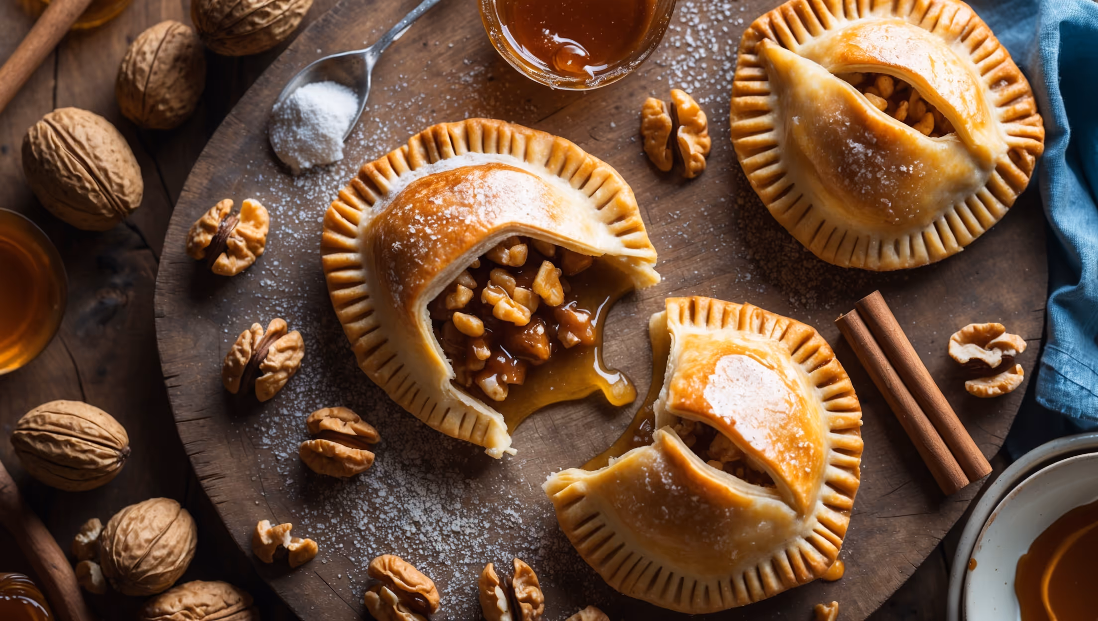 Overhead shot of golden-brown walnut hand pies arranged on a rustic wooden board, with one pie broken open to reveal the rich, amber-colored walnut filling oozing slightly. Soft natural light highlights the flaky layers of pastry and glossy, caramelized walnut pieces. A light dusting of powdered sugar creates contrast against the deep golden crust, while scattered walnut halves and cinnamon sticks frame the composition. The warm, inviting scene is completed with a vintage blue linen napkin and small pot of honey with a wooden dipper nearby.