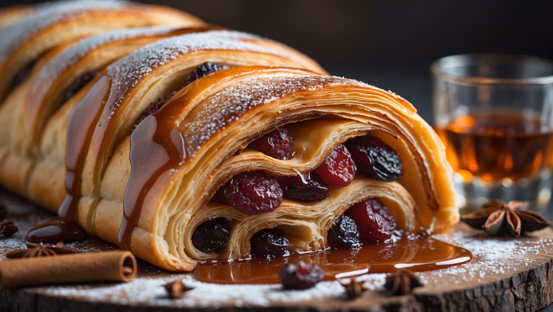 A close-up shot capturing the glistening whiskey-infused glaze dripping down the sides of a golden-brown Danish pastry, revealing plump, jewel-toned dried fruits nestled within its flaky, buttery layers. Soft natural light highlights the laminated dough's delicate structure while creating appetizing shadows in the folds. The pastry sits on a rustic wooden board dusted with powdered sugar, with scattered cinnamon sticks, star anise, and dried fruit pieces artfully arranged around it. A small glass of amber whiskey sits slightly blurred in the background, suggesting the Danish's signature flavor profile.