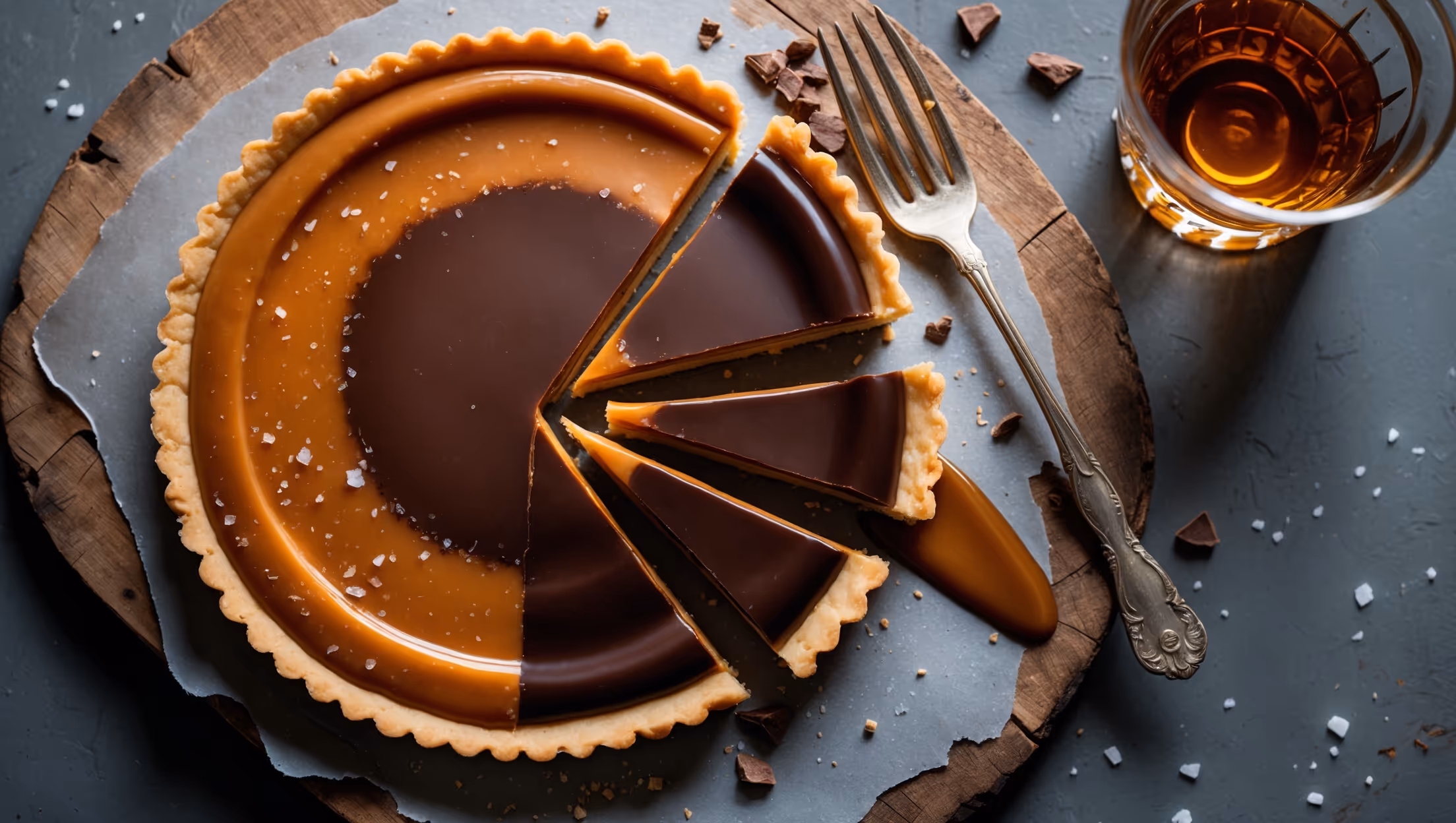 An overhead shot of a perfectly sliced whiskey caramel tart revealing three distinct layers - the golden-brown shortcrust base, amber whiskey caramel center, and glossy chocolate ganache top. The cross-section captures the caramel's slow pour while the surface gleams under soft natural light. Served on a distressed wooden board alongside a crystal whiskey tumbler with a splash of amber liquid, the scene includes scattered sea salt flakes and cocoa nibs for texture contrast. A vintage silver dessert fork rests beside the slice, its tines marked with traces of the decadent layers.