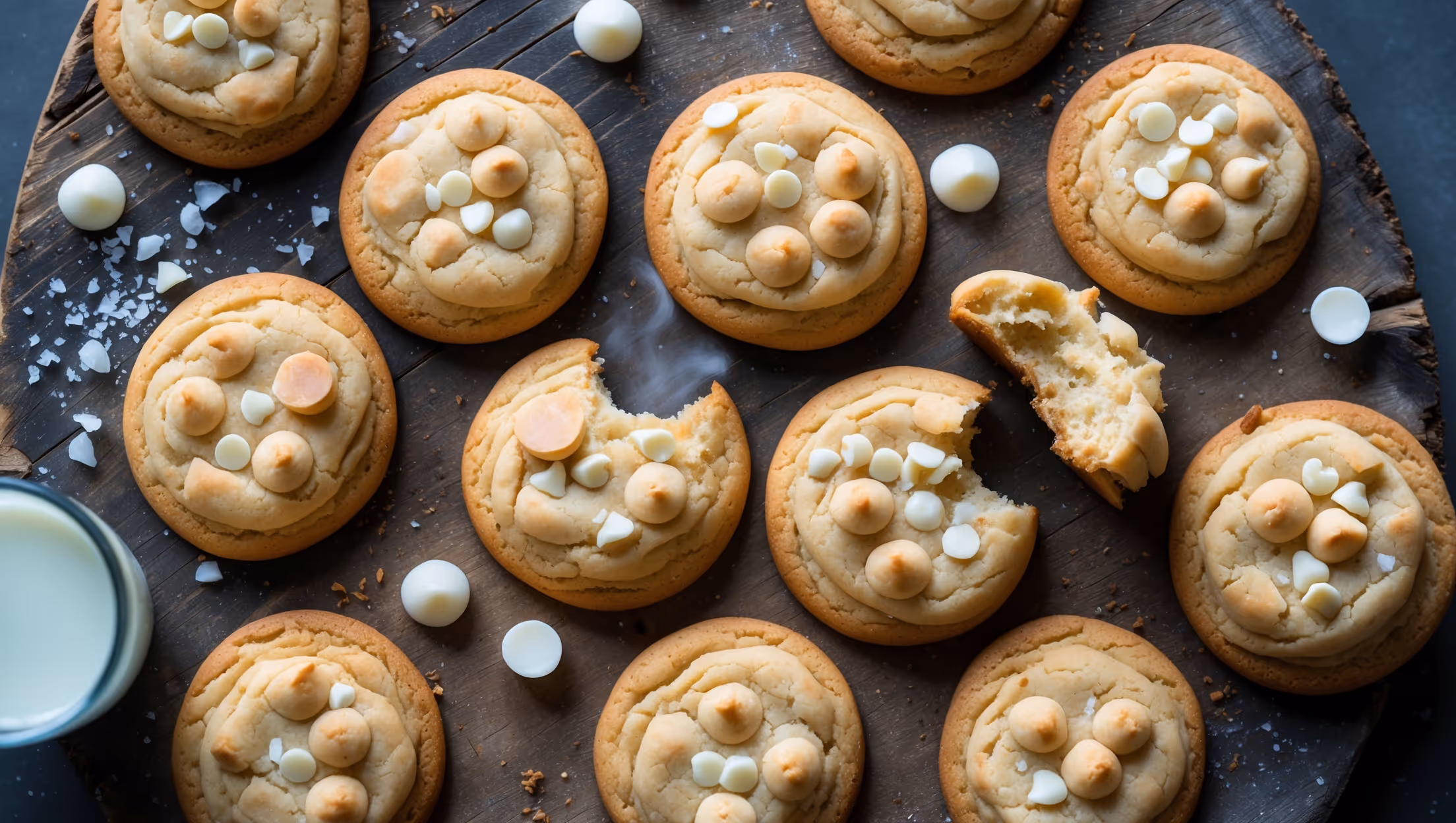 An overhead shot of golden-brown white chocolate chip cookies arranged on a rustic wooden board, with a few cookies broken in half to reveal their soft centers and melted white chocolate chunks. The cookies are photographed in natural window light that highlights their slightly crisp edges and chewy middles. Some whole white chocolate chips and a small glass of milk sit nearby, while a few crumbs and a light dusting of sea salt create texture across the scene. Steam rises subtly from the freshly-baked batch, suggesting warmth and homemade goodness.