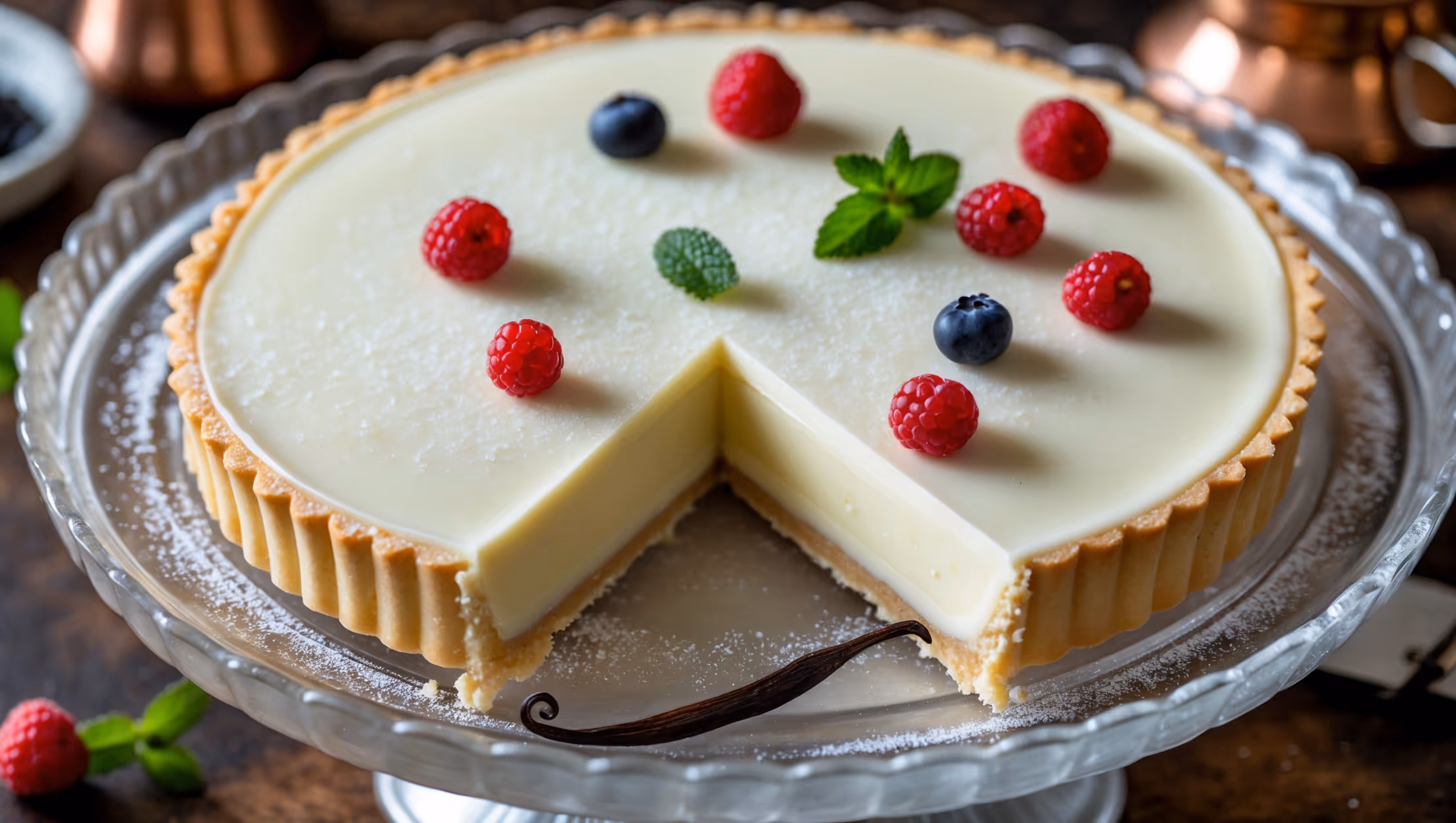 An overhead shot captures this elegant white chocolate custard tart resting on a vintage milk-glass cake stand, where the glossy white chocolate top reflects soft natural light. A cross-section view reveals the distinct layers: the golden, flaky shortcrust pastry base, the pale yellow vanilla custard filling, and the thin, pristine white chocolate topping. Scattered fresh berries and mint leaves create vibrant color contrasts against the tart's creamy palette. A fine dusting of icing sugar catches the light, while in the background, slightly blurred, sits a small copper pot with remnants of custard and a vanilla pod, hinting at the homemade quality of this sophisticated dessert.