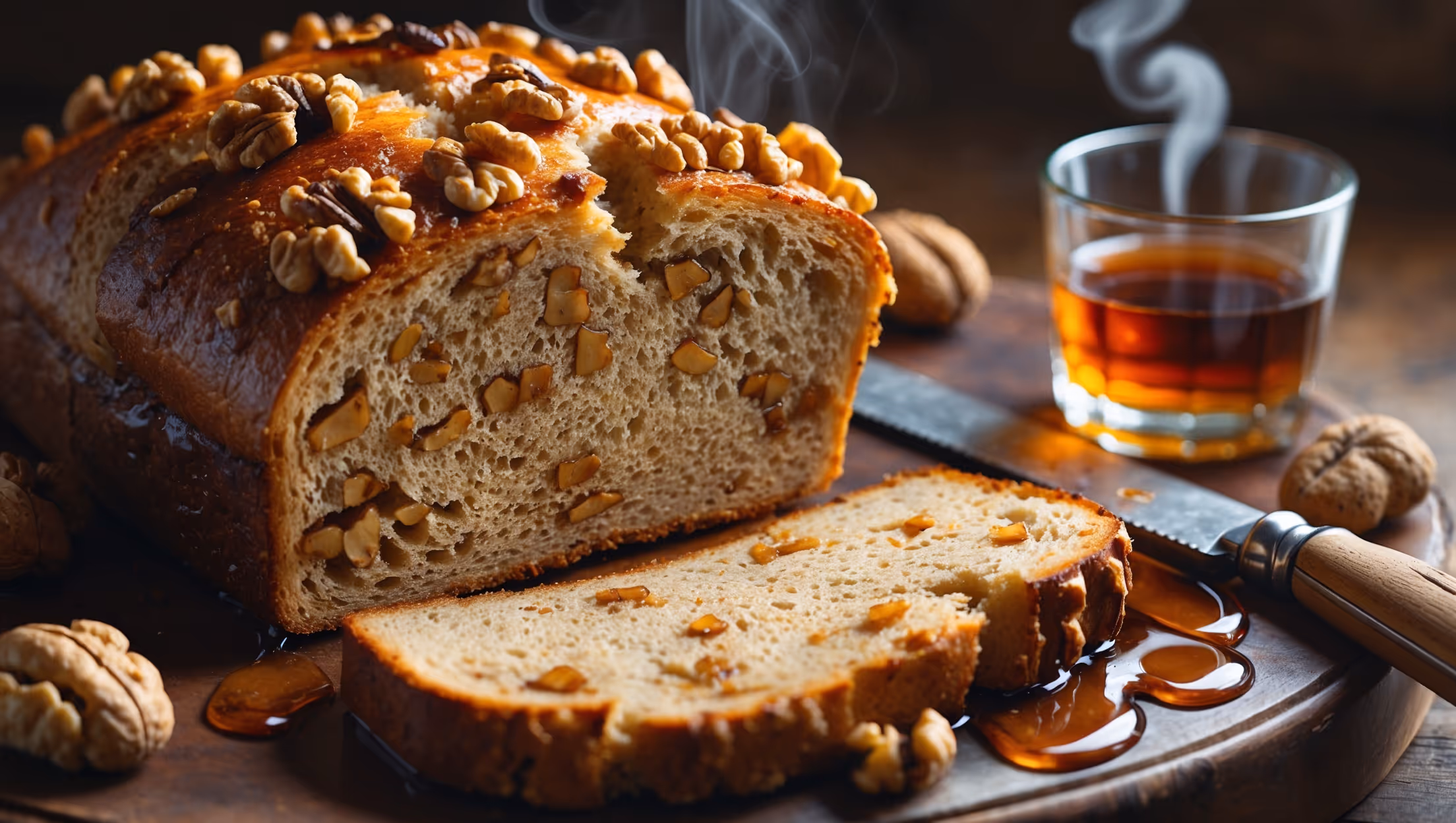 A cross-section of the loaf reveals a golden-brown crust with caramelized edges and a tender, moist crumb studded with toasted walnut pieces. Shot in soft natural light on a rustic wooden board, the bread is presented alongside a small glass of whiskey and a drizzle of maple syrup pooling on the cutting surface. Steam rises gently from a freshly cut slice, highlighting the bread's warm interior. Scattered whole walnuts and a vintage bread knife complete the composition, while amber tones in the photography emphasize the whiskey and maple flavors that define this artisanal creation.