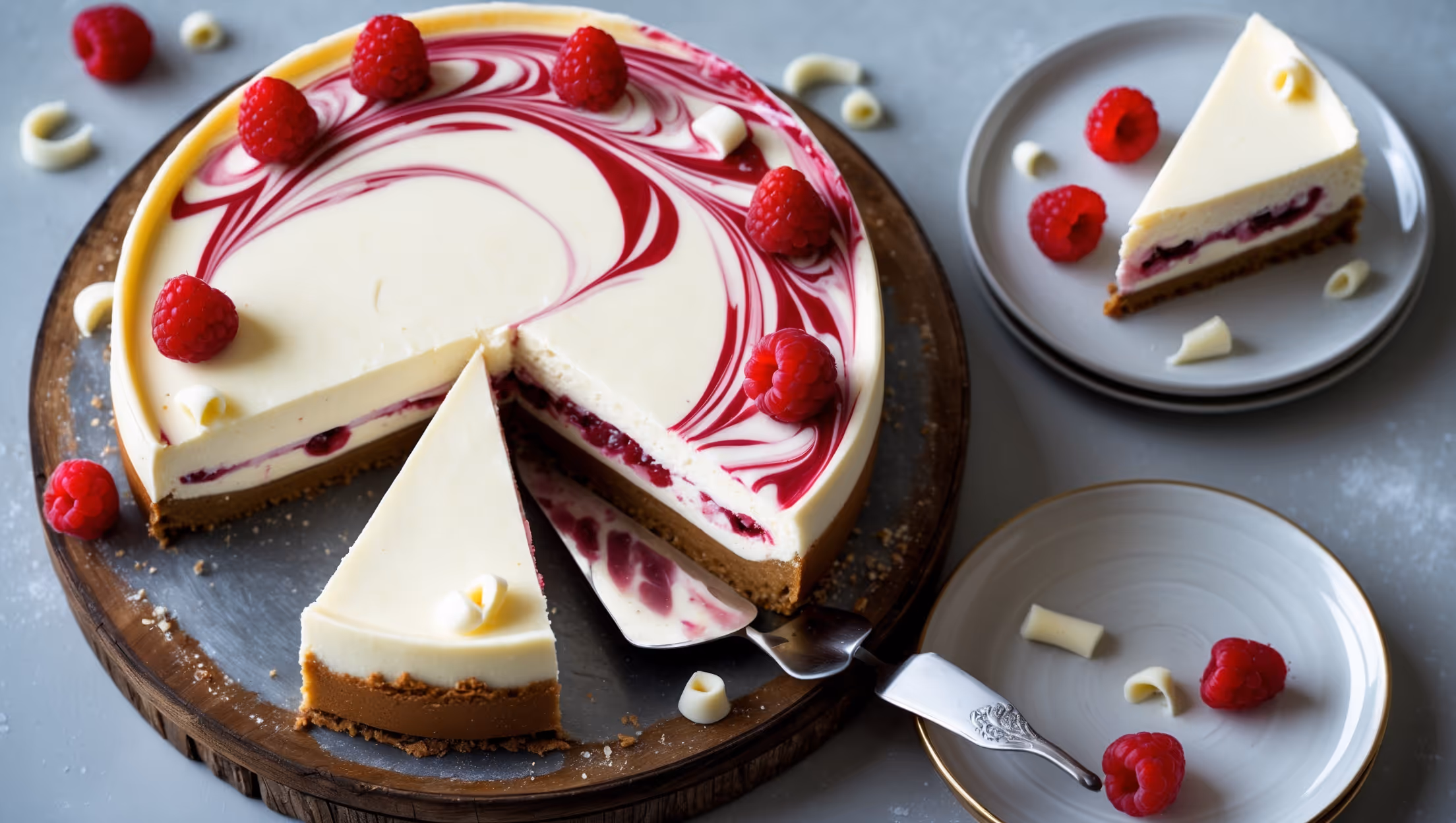An overhead shot of a pristine white chocolate cheesecake with vibrant red raspberry swirls creating an elegant marble pattern across the top. A slice has been removed, revealing the creamy interior with pockets of ruby-red raspberry sauce rippling through the filling. The cheesecake sits on a rustic wooden cake stand, with fresh raspberries and delicate white chocolate curls scattered artfully around the edges. Soft natural light highlights the smooth, glossy surface and the contrast between the rich golden biscuit base and the snow-white filling. A silver cake server rests beside the cheesecake, with a perfectly cut slice plated nearby, showcasing all layers in their full glory.